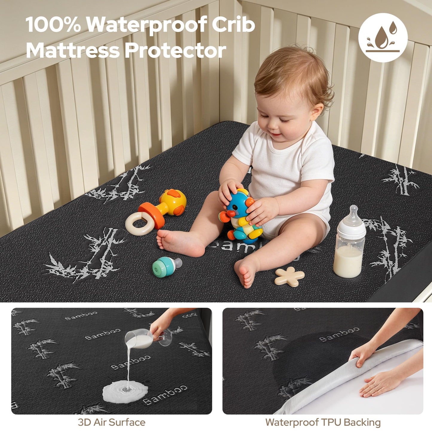 BEDLORE Waterproof Crib Mattress Protector 2 Pack, Ultra Soft Bamboo Viscose Crib Mattress Pad Cover, Noiseless Toddler Mattress Protector for Standard Baby Mattress Size 52''x28'', Dark Gray