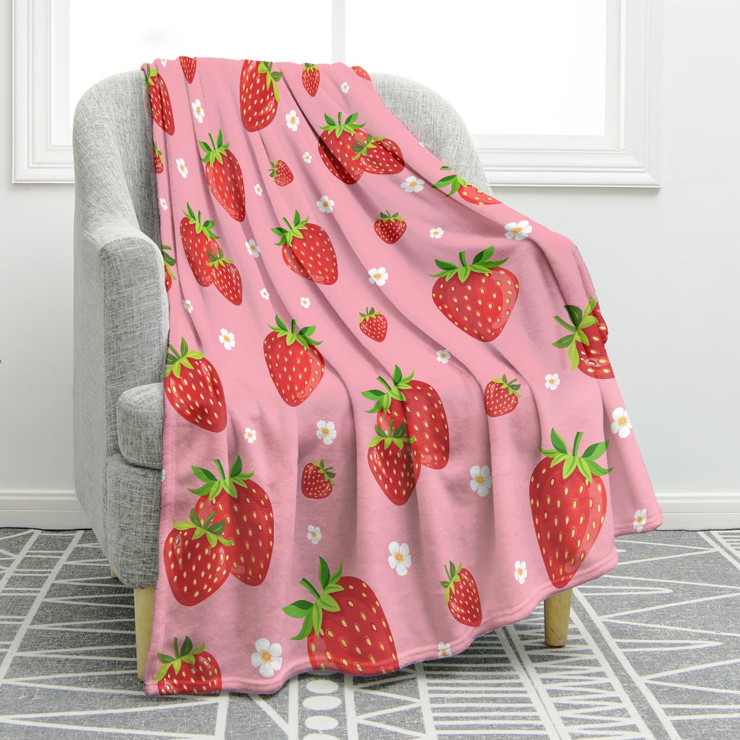 Jekeno Strawberry Fruit Floral Blanket Cute Flower Gifts for Women Kids Girls Mom Wife Men Boys Birthday Christmas Halloween Easter Home Bedroom Bed Sofa Decor Plush Throw Pink 50"x60"