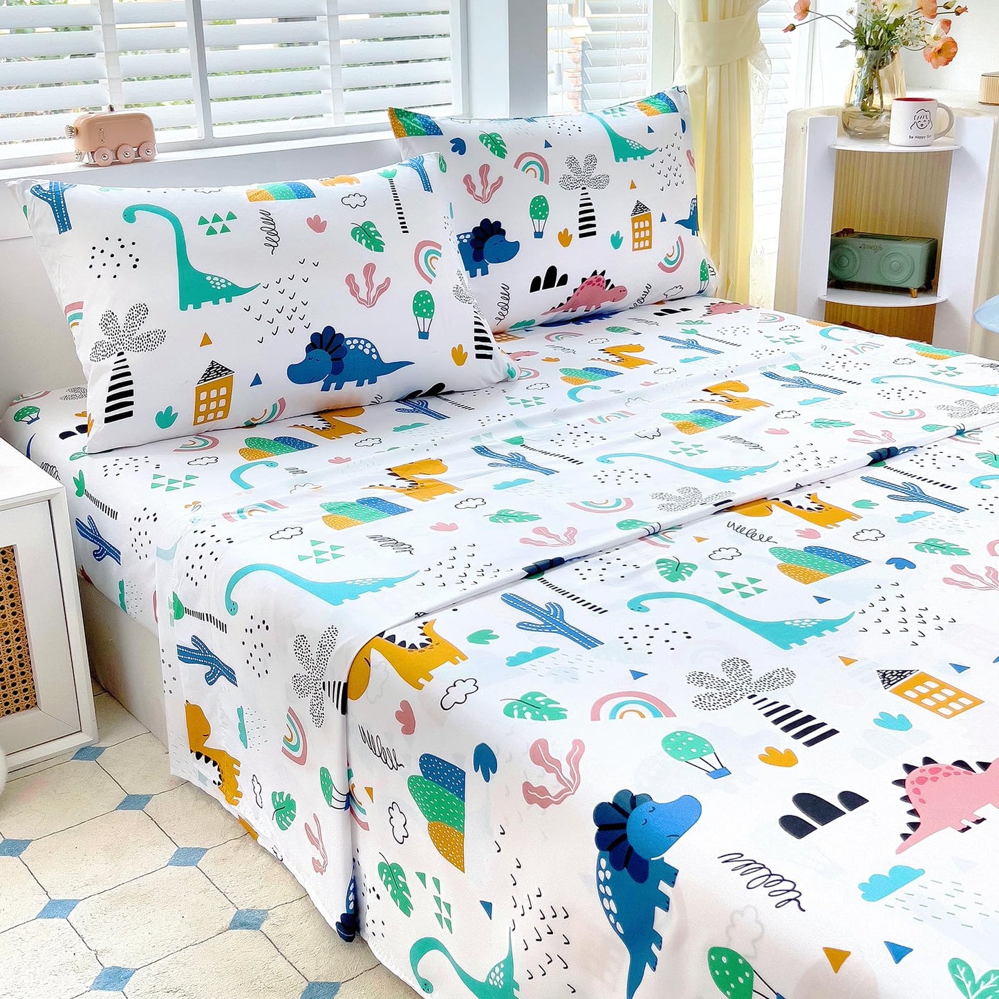 Homilay Full Sheet Set Kids - Dinosaur 4 Pieces Soft Microfiber Cartoon Style Bedsheets for Boys Girls Teens, Oeko TEX Breathable 15 Inch Deep Pocket Sheets(Jurassic Period)