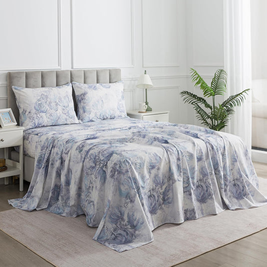 Puralens Blue Floral Cozy House Percale Sheets Queen, 100% Cotton White Flower Deep Pocket Vintage Sheet Set, Abstract Aesthetic Soft Crisp Toile Bed Sheets, Shabby Chic Farmhouse Bedding, 4Pcs