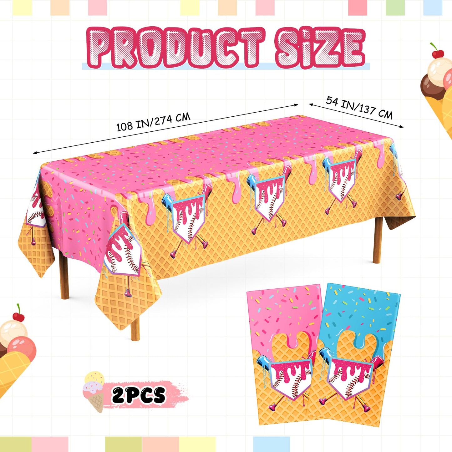 Gilprop 2 Pcs Baseball Ice Cream Drip Birthday Party Decorations Plastic Cute Birthday Tablecloth 108 x 54 Inches Disposable Rectangle Tablecover for Boys Girls Kids Baby Shower Party Supplies
