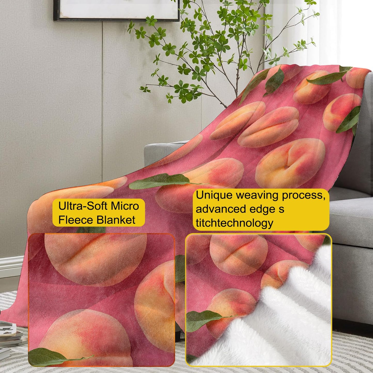 VANZEV Peach Fruit Blanket Gifts for Women, Fresh Fruits Theme Flannel Blanket, Soft Warm Lightweight Throw Blankets for Bedding Sofa Couch Home Travel Decor 50" x 60"