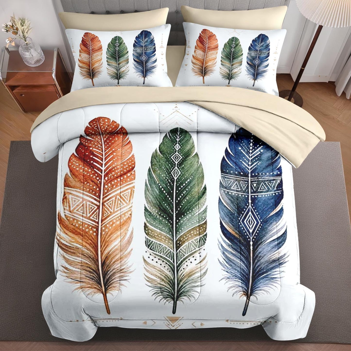 Boewywh Comforter Set Twin Size Feather Boho Aztec 7 Pcs, Bedding for Kids and Adults, Western Geometric Bed Sheet Sets with Fitted Sheet 2 Pillowcases & 2 Shams for Bedroom Bed Decor