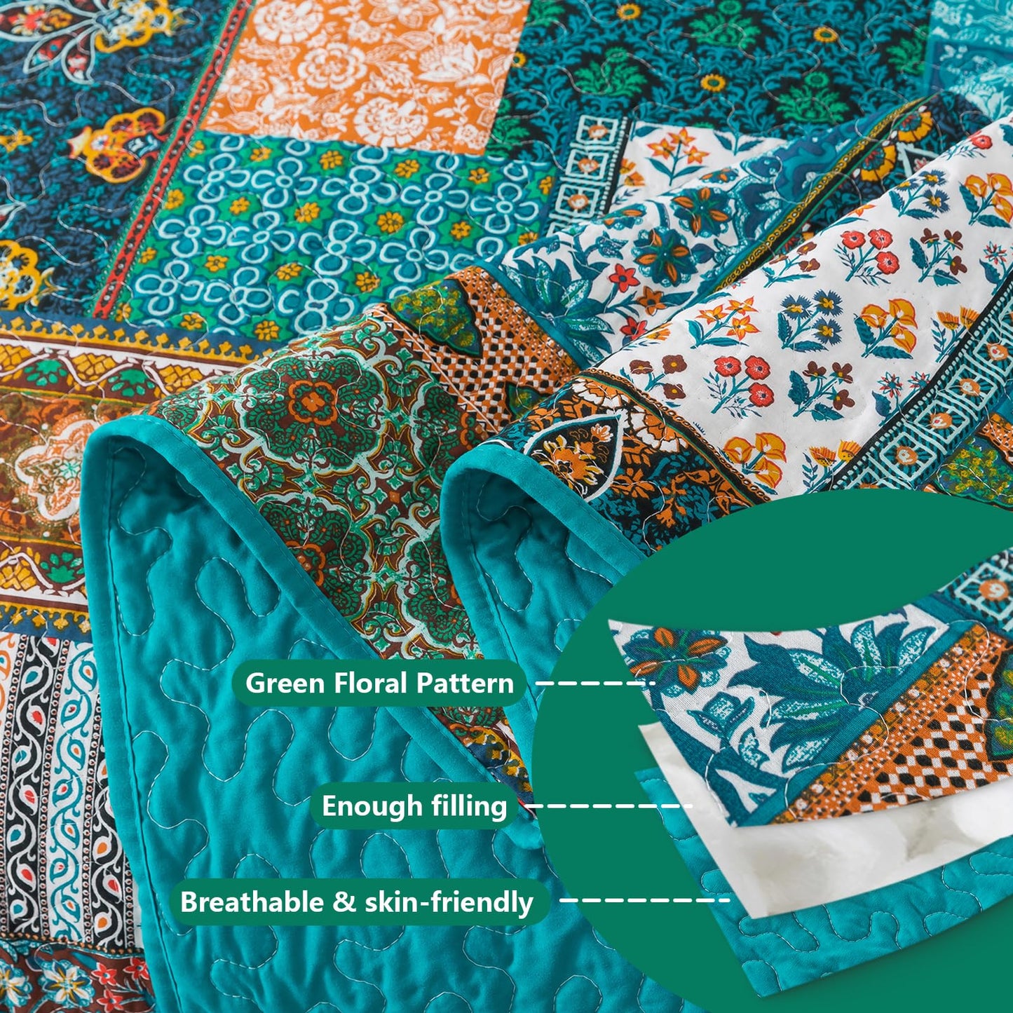 BEDIFANY Cotton King Size Quilt Set, Lightweight Bedspread King Coverlet, Soft Farmhouse Quilt Bedding Sets for Bed Decorations All Seasons (3 Pieces, Green)