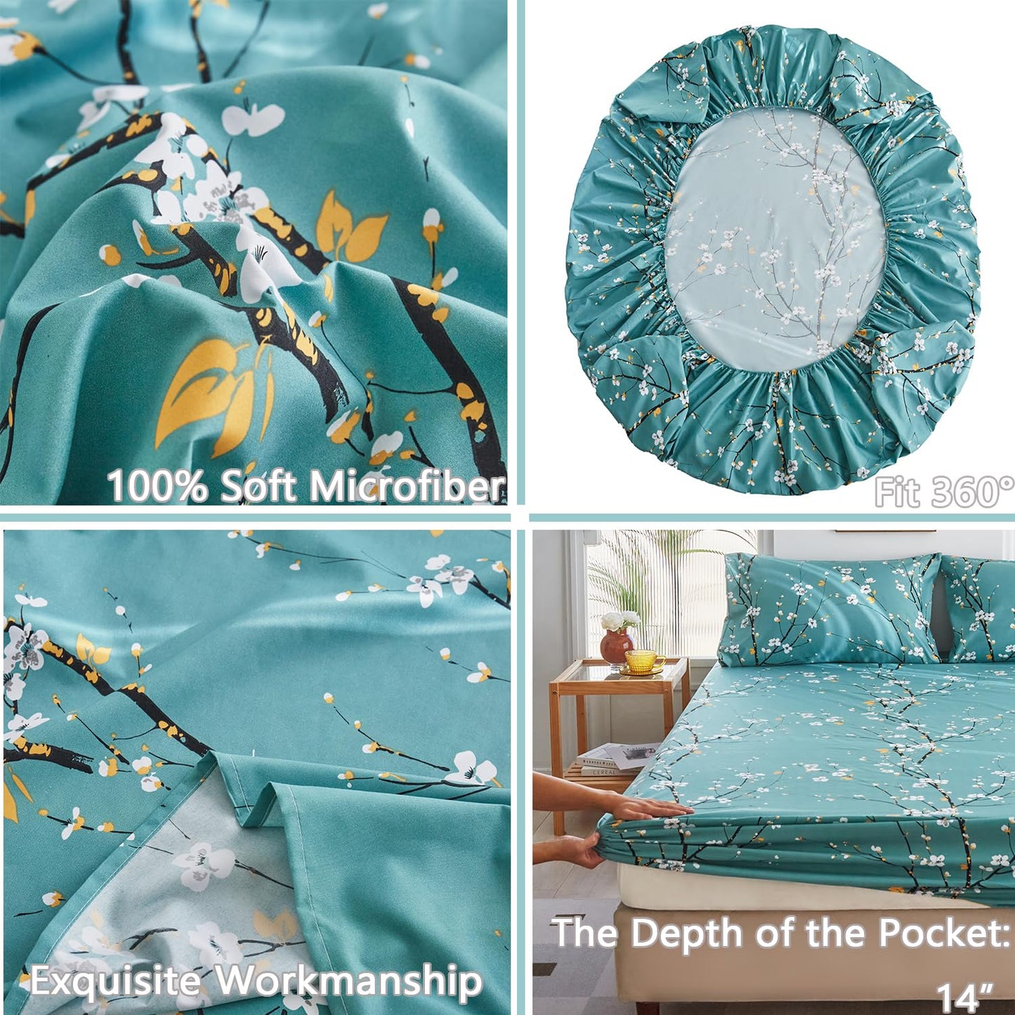 ZRNBAST Teal Sheet Set 4 Pcs King Sheet Set Floral Print Flat Sheet Fitted Sheet Farmhouse Style Chic Bedding Sheets Easy Fit Microfiber Sheets-All Seasons (Teal, King)