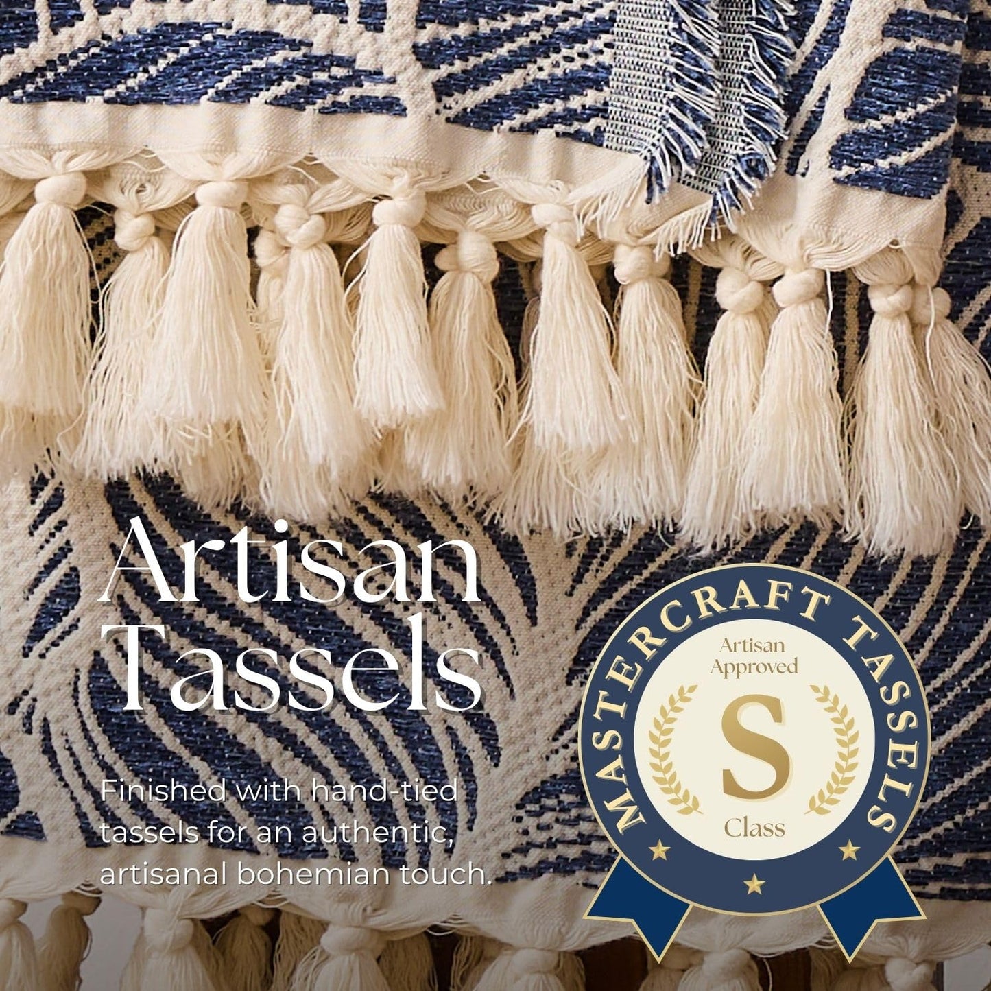 DOWN HOME Chenille Cotton Throw Blanket for Couch, Lightweight Boho Blanket for Bed Sofa Chair Living Room Outdoor Soft Woven Decorative Blanket with Tassel Gift Navy Leaves 55"x60"