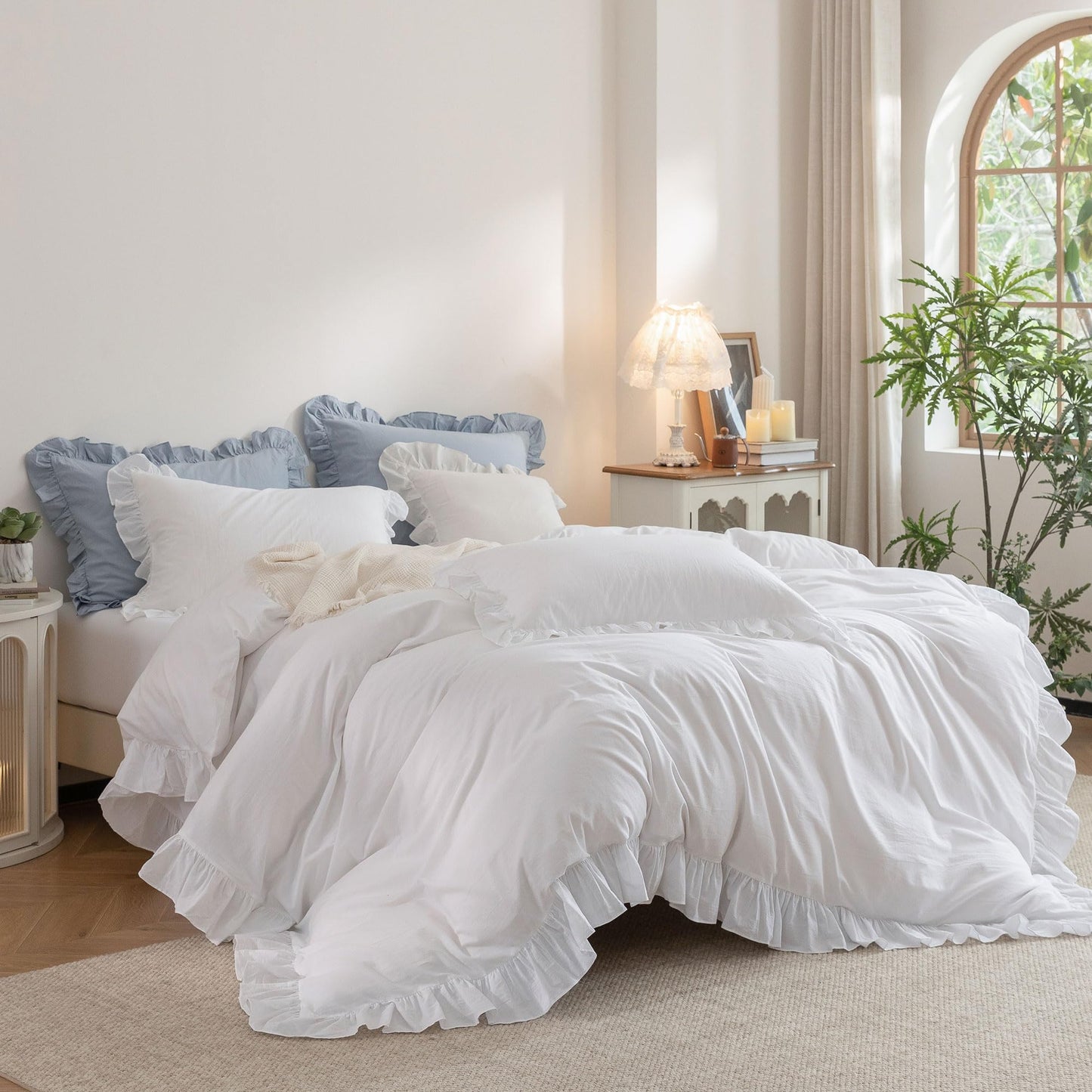 Ruffle Duvet Cover Queen Size: 100% Washed Cotton Linen Like Textured Soft
