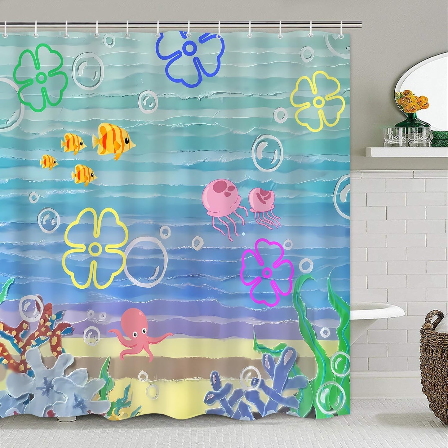 Yddsky 4Pcs Kids Ocean Cartoon Shower Curtain Set with Non-Slip Rugs, Toilet Lid Cover & Bath Mat, Waterproof Underwater Bathroom Decor Sets, Cute Marine Life Bathroom Accessories for Kids Bathroom