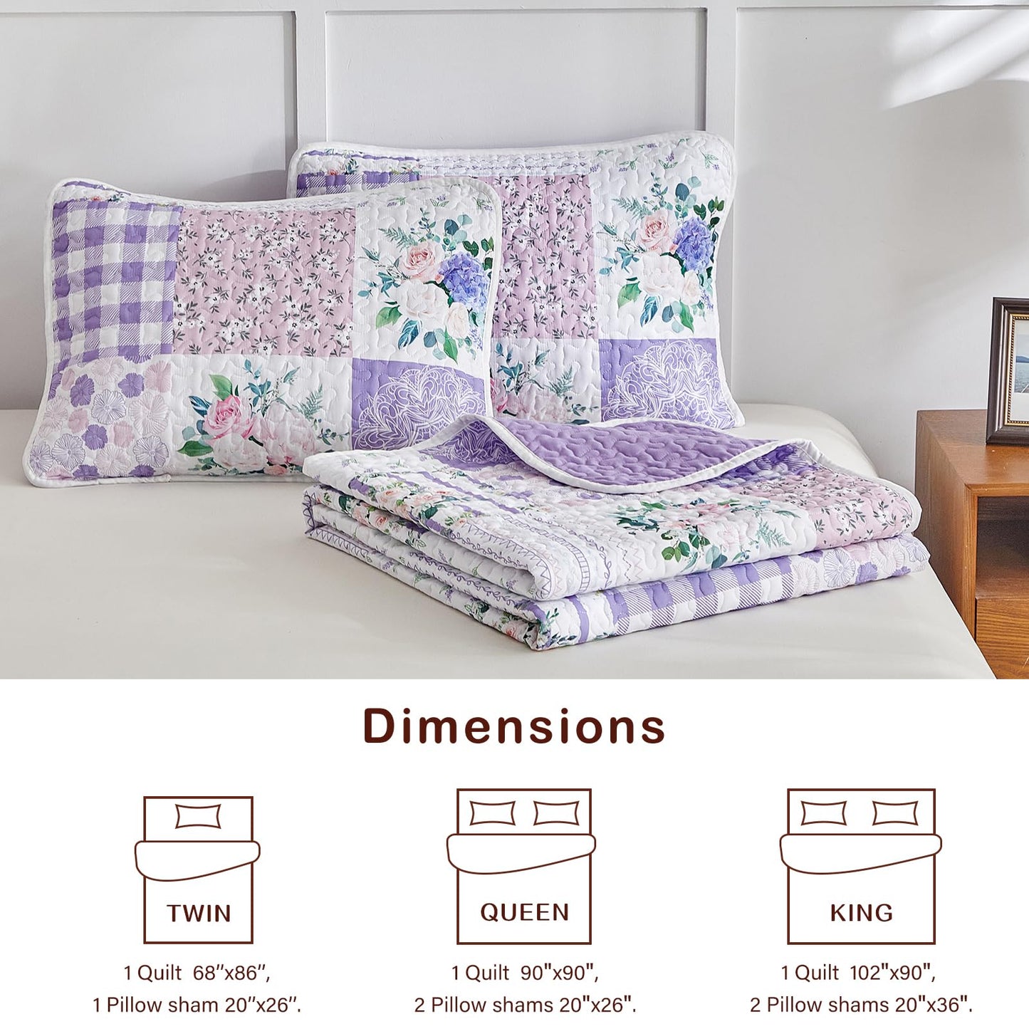 Joyreap 3 Pieces Floral Quilt Set Queen, Patchwork Purple n Pink Flowers Design, Smooth Soft Microfiber Quilt, Bedspread Bed Cover for All Season, 1 Quilt and 2 Pillow Shams- 90x90 inches
