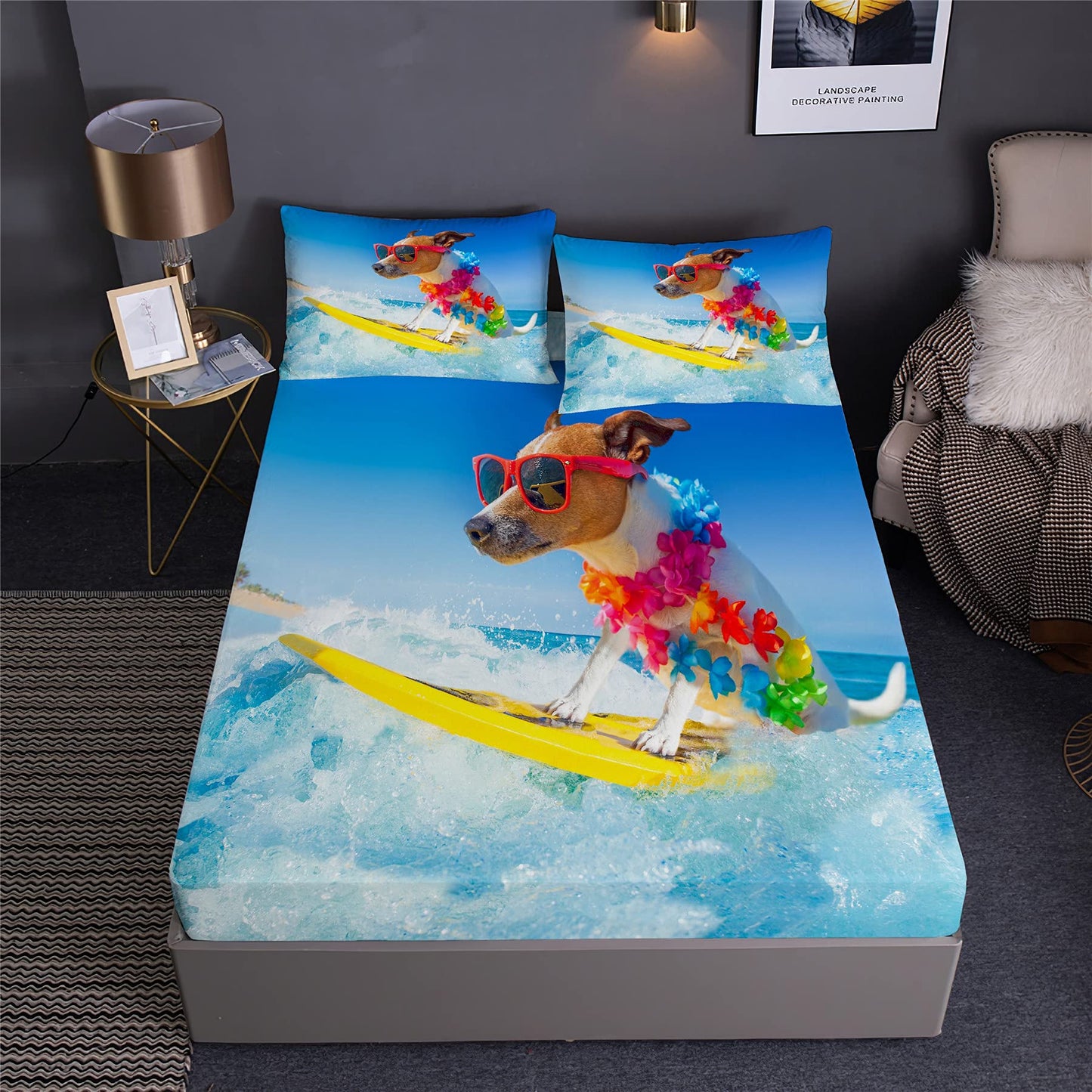 Boasorte Summer Beach Surfing Prints Fitted Sheet Set Extreme Sport Ocean Wave Surfboard Design Bedding Set | with Fitted Sheet and 2 Pillowshams(3pcs) or Comforter(4pcs) (D,Twin-3PCS)