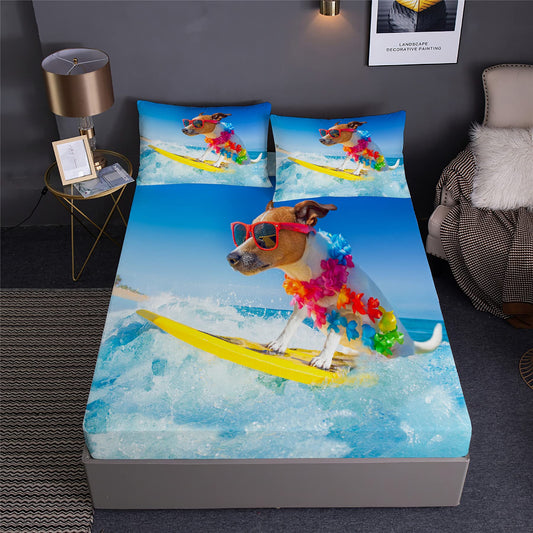 Boasorte Summer Beach Surfing Prints Fitted Sheet Set Extreme Sport Ocean Wave Surfboard Design Bedding Set | with Fitted Sheet and 2 Pillowshams(3pcs) or Comforter(4pcs) (D,Twin-3PCS)