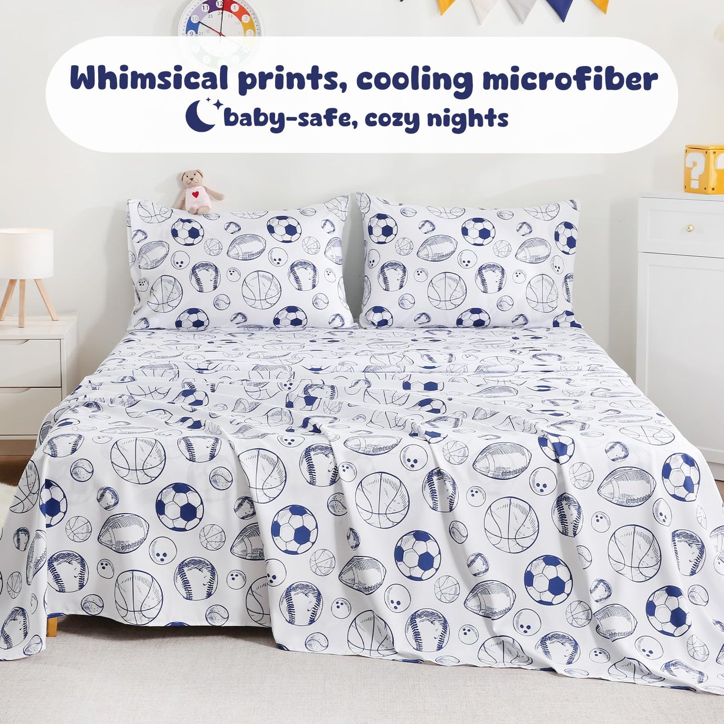 LONAVA Twin Sheet Set Kids - 3 Pieces Soft Microfiber Cartoon Style Bedsheets for Boys Girls Teens, Oeko TEX, Breathable Deep Pocket Sheets, (Ball Sports)