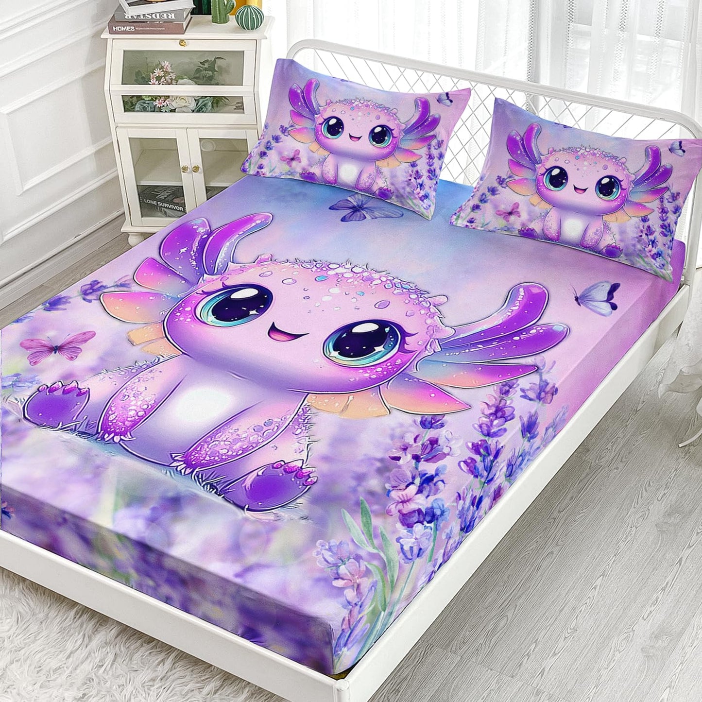 AILONEN Cartoon Axolotl Fitted Sheet Set Twin,Purple Axolotl Bed Sheet Set,Cute Lavender Butterfly Axolotl Bedding Sheet for Kids,Kawaii Ocean Animal Axolotl Fitted Sheet with 2 Pillowcases,3Pcs