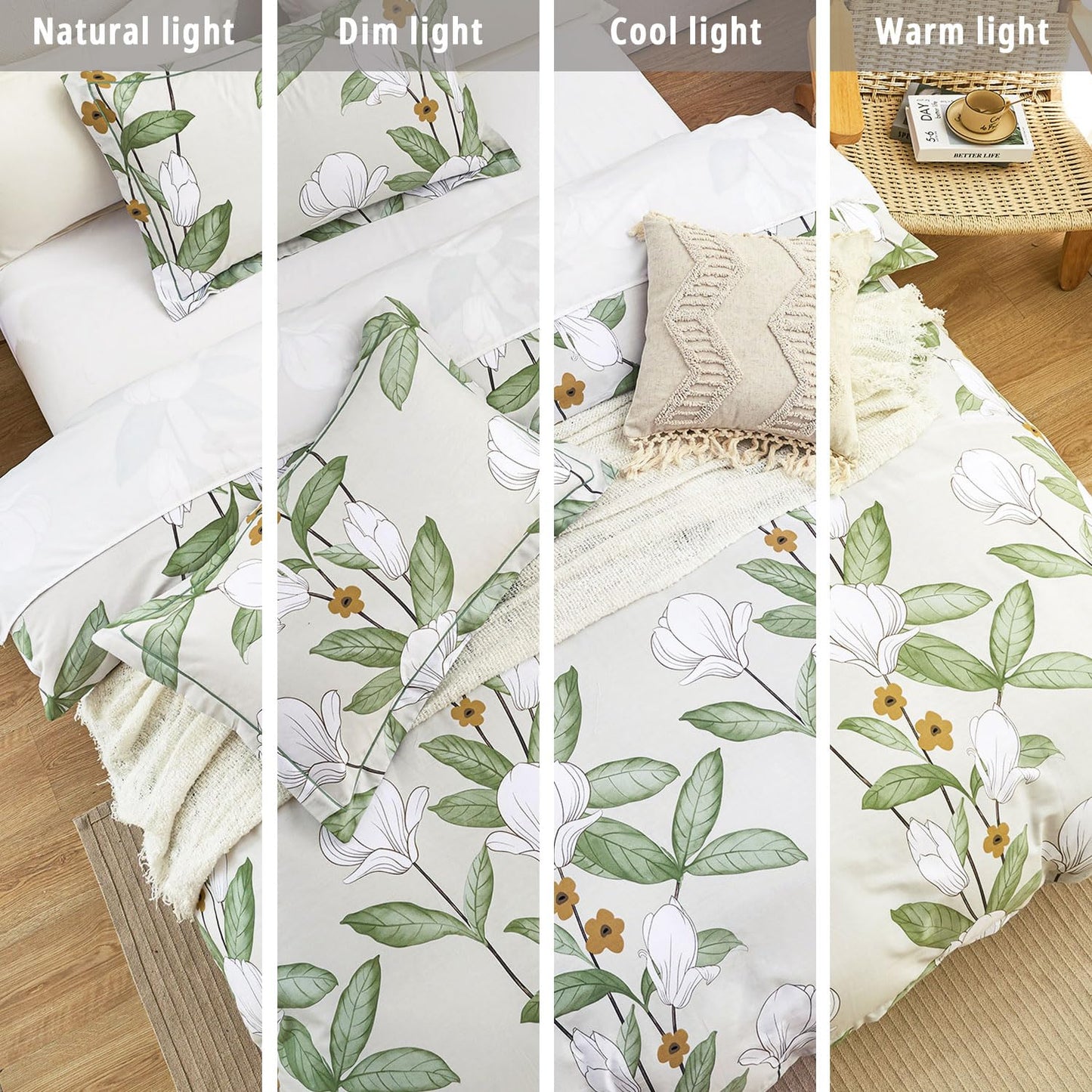 ALEISSEL Pale Moss Green Botanical Cotton Comforter King Size - 3PC Lightweight Bedding Sets with Ultra-Soft Alternative Fill, Floral Design with Leaf & White Magnolias (1 Comforter, 2 Pillowshams)