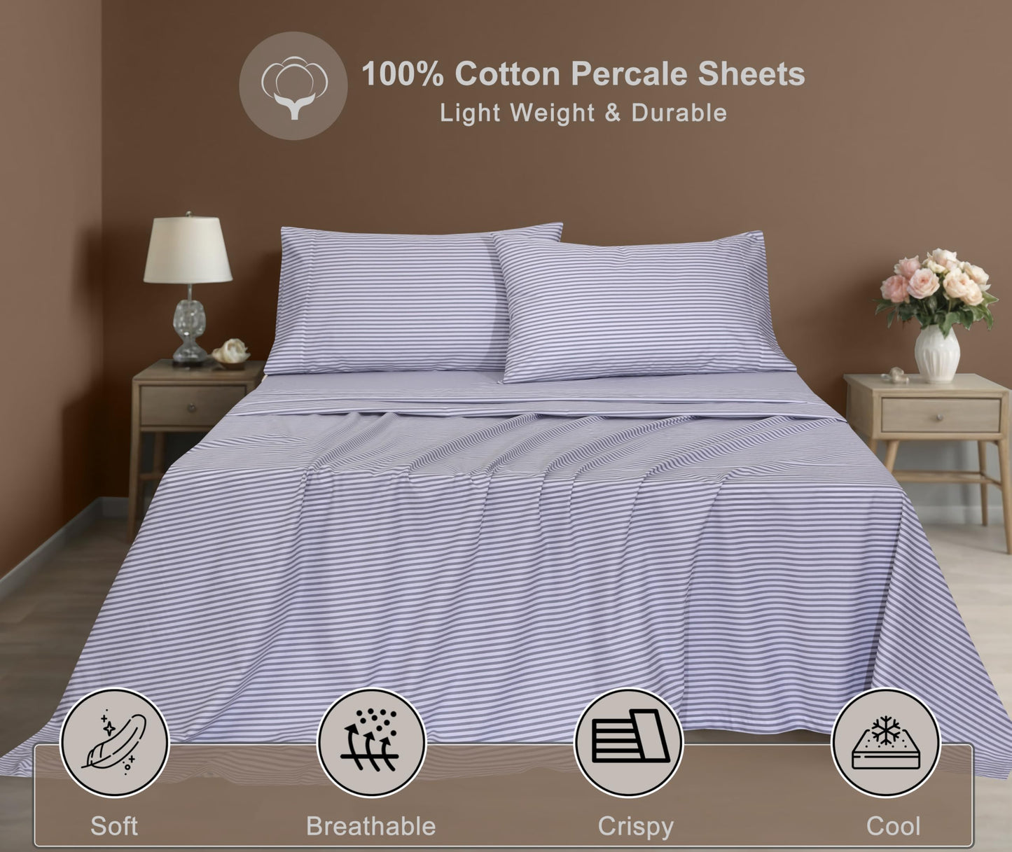 ZOYER 100% Cotton Sheets – Full Size Percale Bedding, Cooling & Breathable, Durable with a Crisp, Soft & Comfortable Feel, 16" Deep Pocket, 4-Piece Set, Grey Stripe