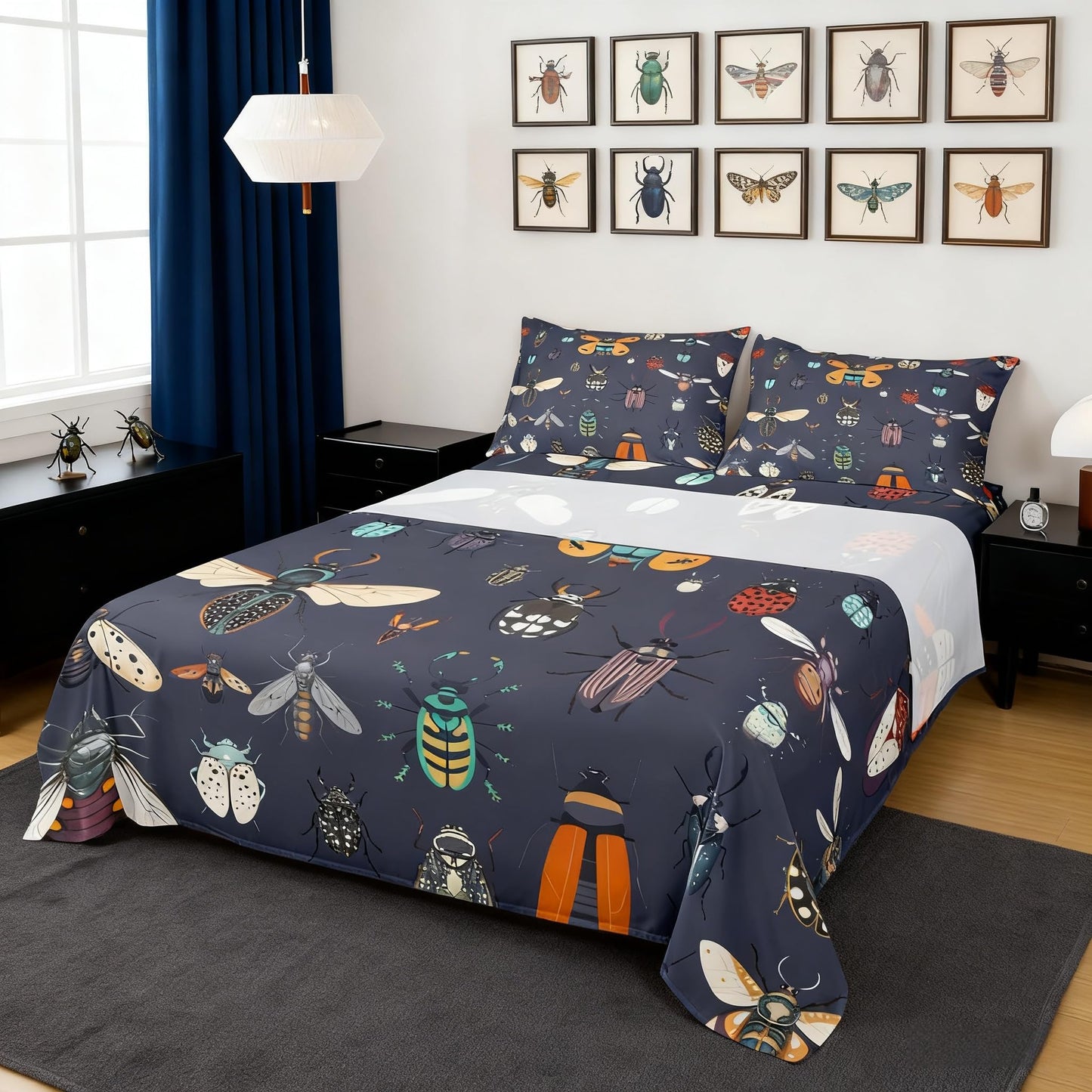 Beetles Bed Sheet Set Twin Size Cartoon Ladybug Moth Sheet Set Nature Wild Animals Sheets for Boys Girls Bedroom Dark Purple Bedding Set with Flat Sheet Fitted Sheet Pillowcase 3Pcs