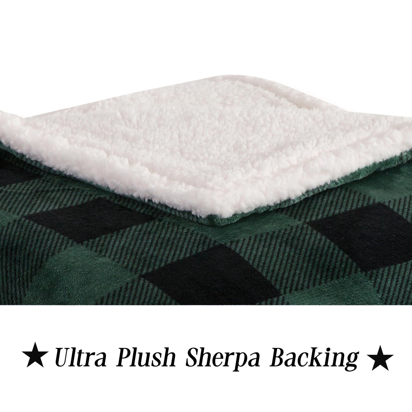 Elegant Comfort Luxury Ultra-Plush Velvet Touch Buffalo Plaid Fleece Throw - Soft, Warm, Cozy Micromink Sherpa-Backing Reversible Blanket for Bed, Sofa and Couch, Buffalo Green