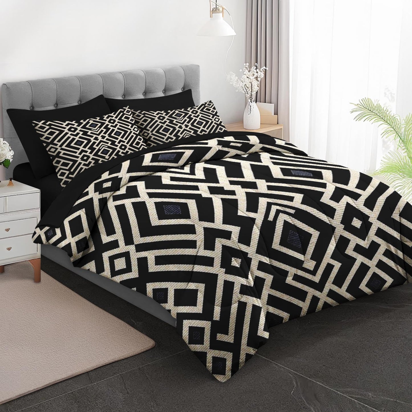 Boewywh Comforter Set Twin Size Geometric Aztec Boho 7 Pcs, Bedding for Kids and Adults, Black Beige Bed Sheet Sets with Fitted Sheet 2 Pillowcases & 2 Shams for Bedroom Bed Decor