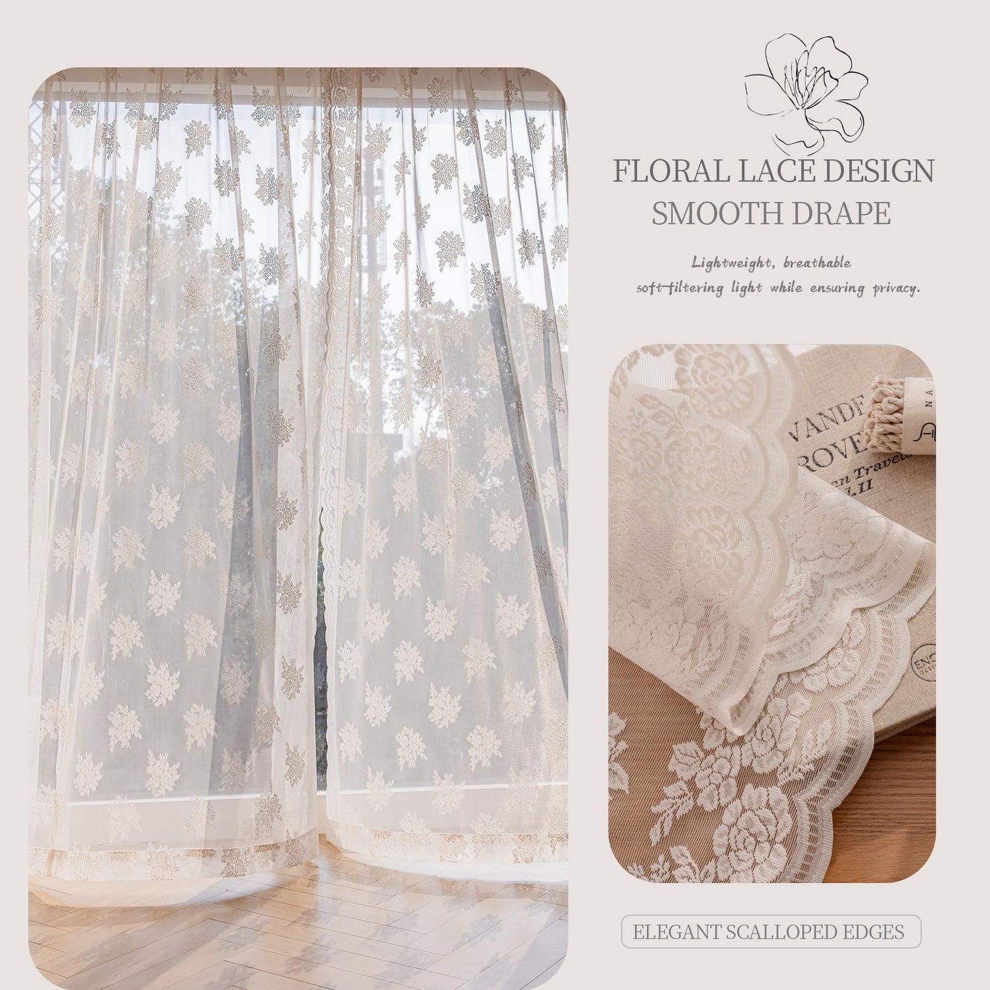 Ivory Lace Curtains 84 Inch Long Vintage Rose with Scalloped Edges Semi Sheer Curtain Drapes for Living Room, Bedroom Cream Lace Window Sheer Curtains with Rod Pocket, 57"W x 84"L, 2 Panels