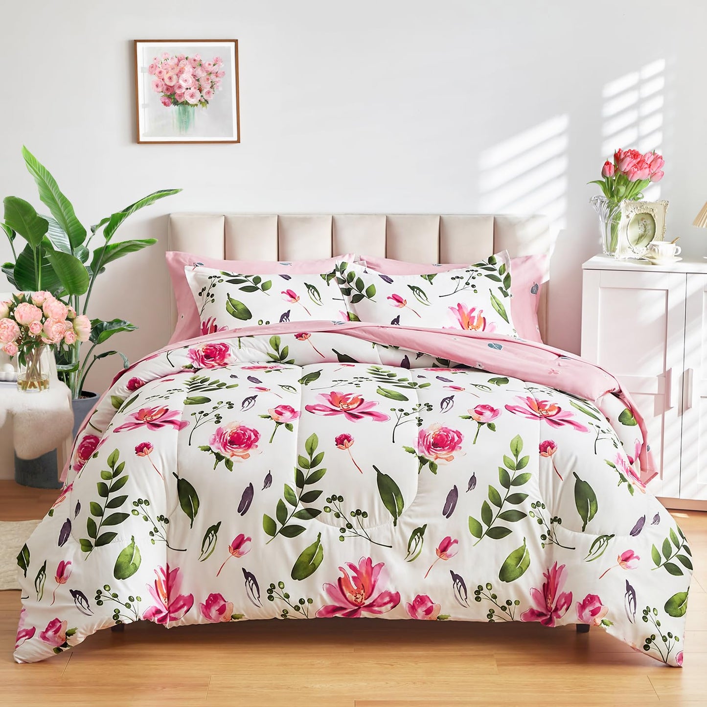 Floral Comforter Sheet Set 7 Pieces Bed in a Bag Queen Size White with Green Leaves Pink Flowers Reversible Bedding Set (1 Comforter 2 Pillow Shams 1 Flat Sheet 1 Fitted Sheet 2 Pillowcases)