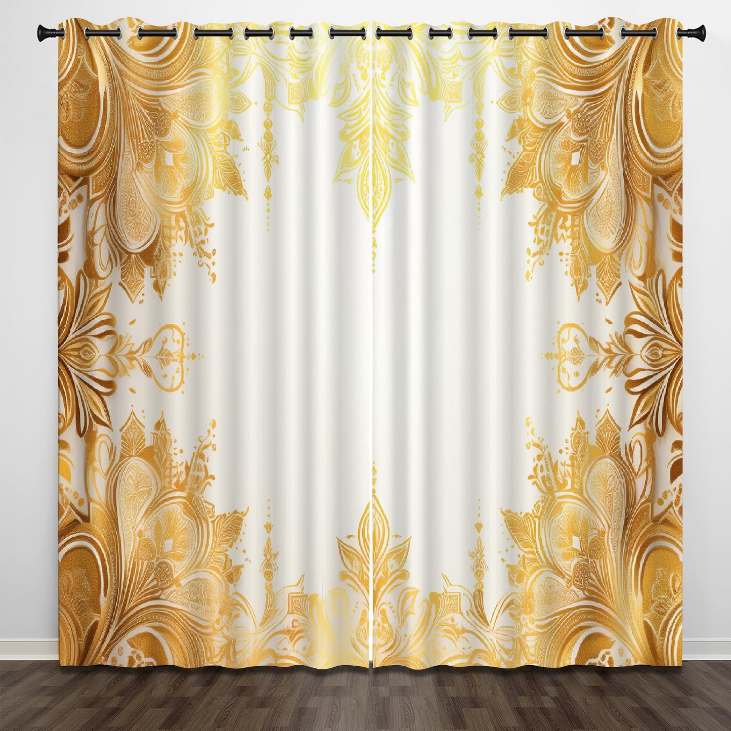 Golden Elegant Flowers Blackout Curtains, Warm Bright Texture 3D Print Grommet Drapes, Window Curtain Set of 2 Panels, Thermal Insulated Energy Saving Drapes for Living Room(42" W x 63 "L)