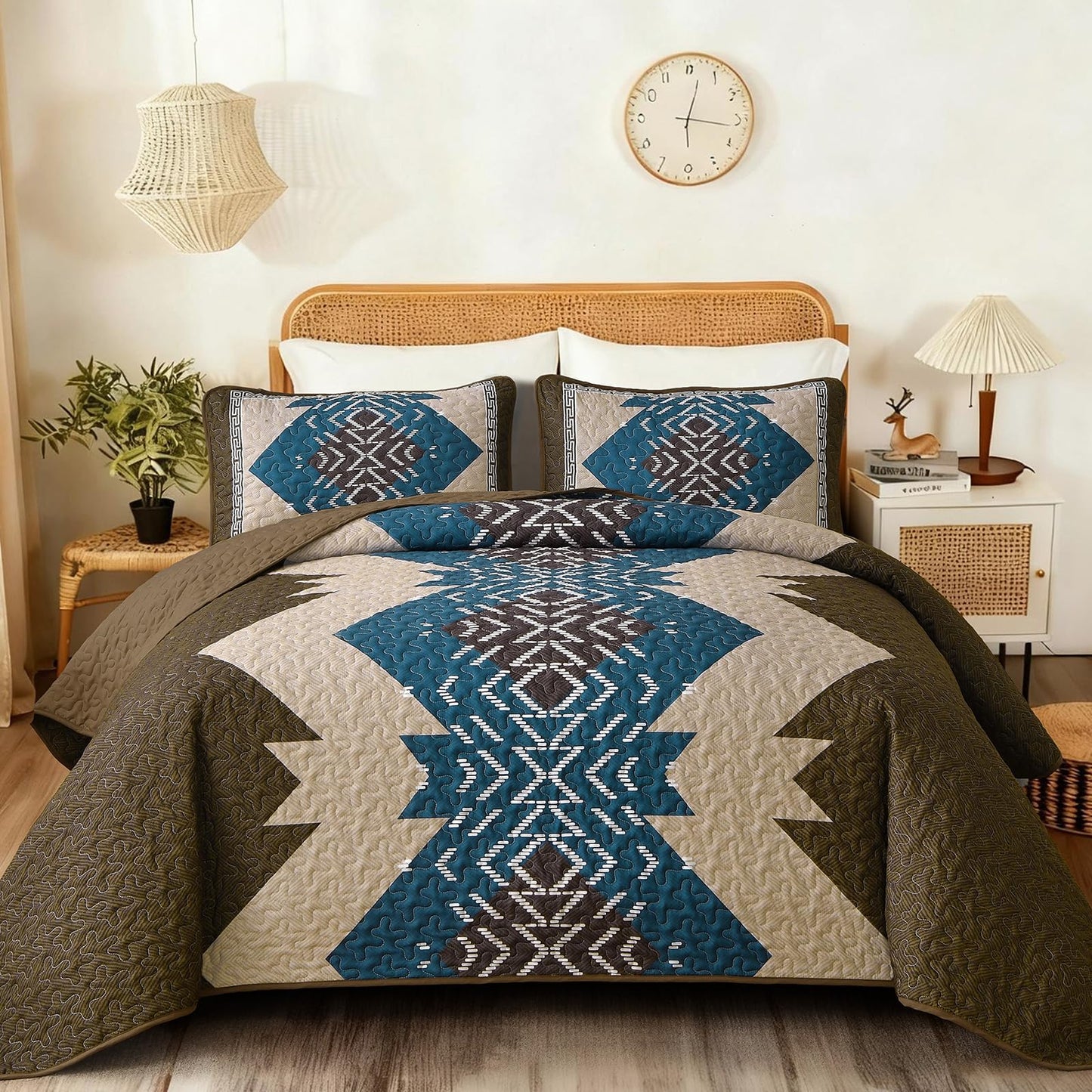 Dintszyayue Boho Quilt Set King Size, Brown Aztec Texture Bedspread Set, 3 Pieces Texture Southwestern Bedding Set, Soft Lightweight Coverlet Set for All Season Bedding with 2 Pillowcases