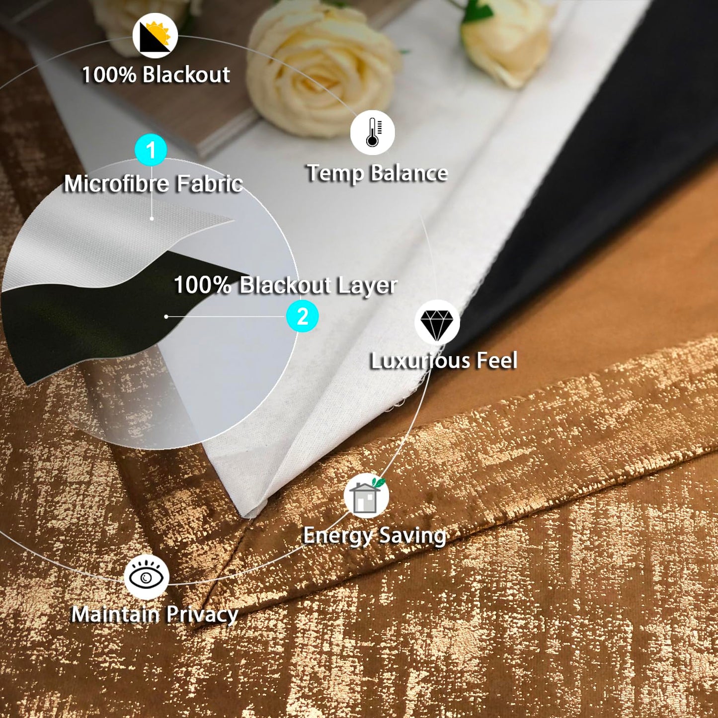 always4u 100% Blackout Soft Velvet Curtains for Bedroom Living Room Thermal Energy Saving 84 Inches Long Luxury Gold Foil Print Drapes 2 Panels Caramel