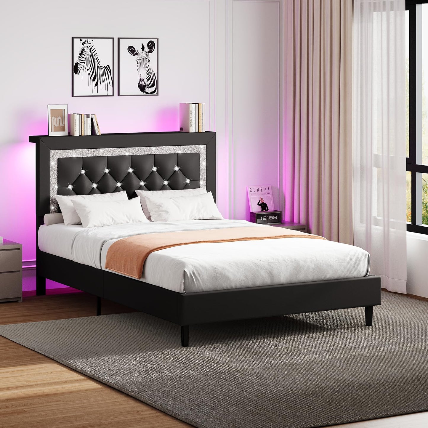 Twin Bed Frame with Storage Headboard, Upholstered Platform Bed Frame with Diamond Tufted Headboard and LED Lights, Wooden Slats Support, Noise Free, No Box Spring Needed, Easy Assembly, Black