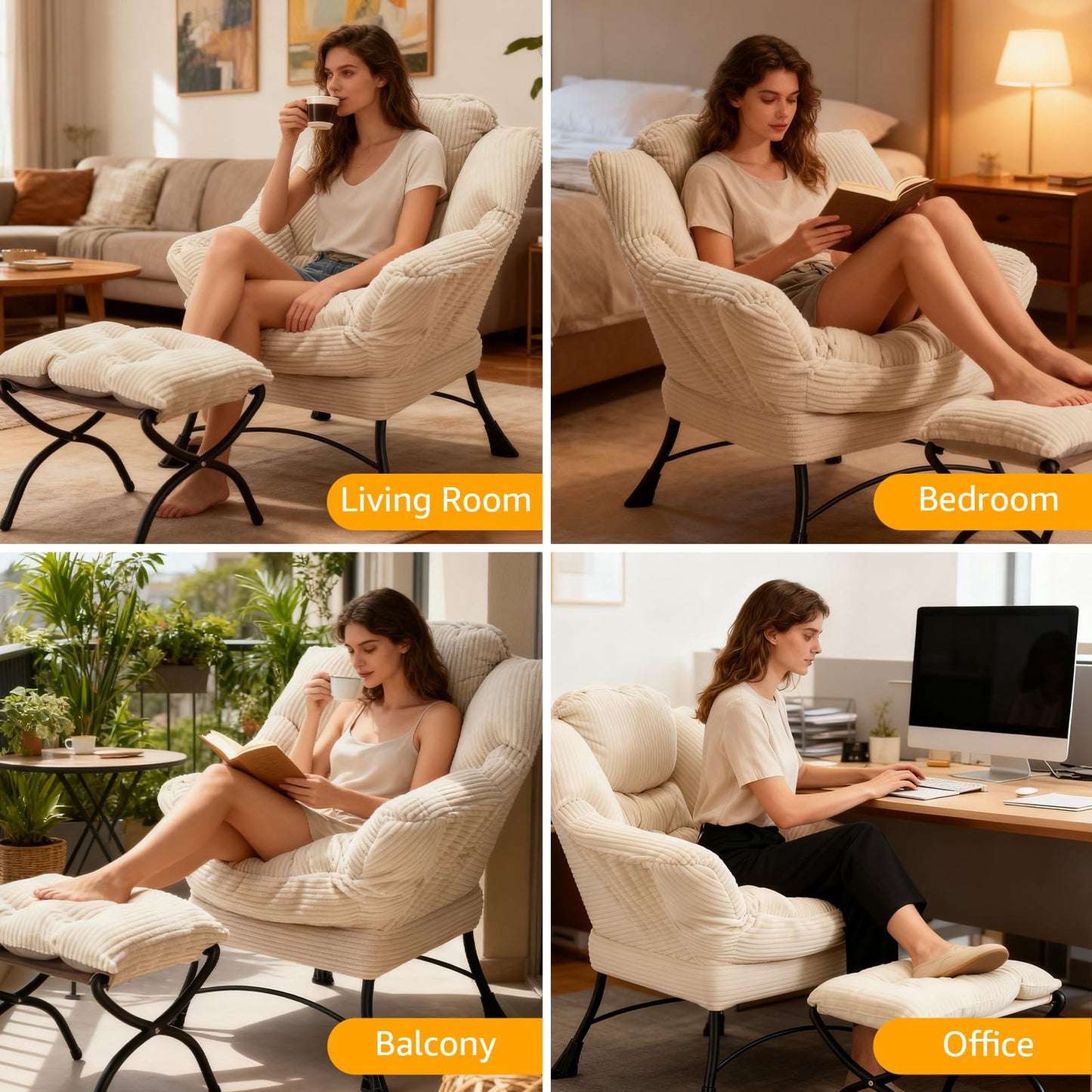 Oversized Lazy Chair with Ottoman for Adults, Chair and Ottoman Set Modern Skinny Lounge Chair with Footrest, Wide Reading Chair for Living Room, Comfy Accent Armchair for Small Spaces, White