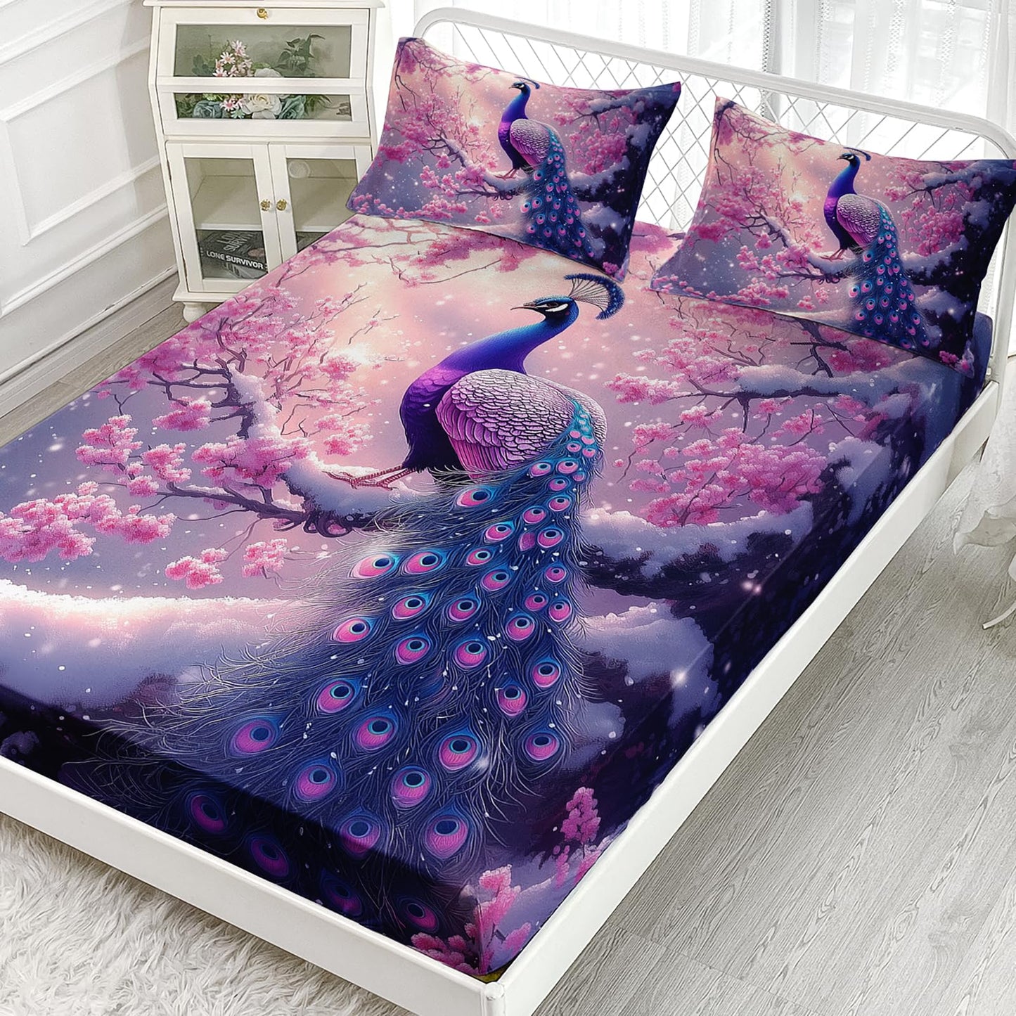 AILONEN Pink Peacock Bedding Set for Kids Girls Twin - Beautiful Floral Bird Fitted Sheet & 2 Pillowcases - 3 Pieces Elegant Animal Themed Sheet Set