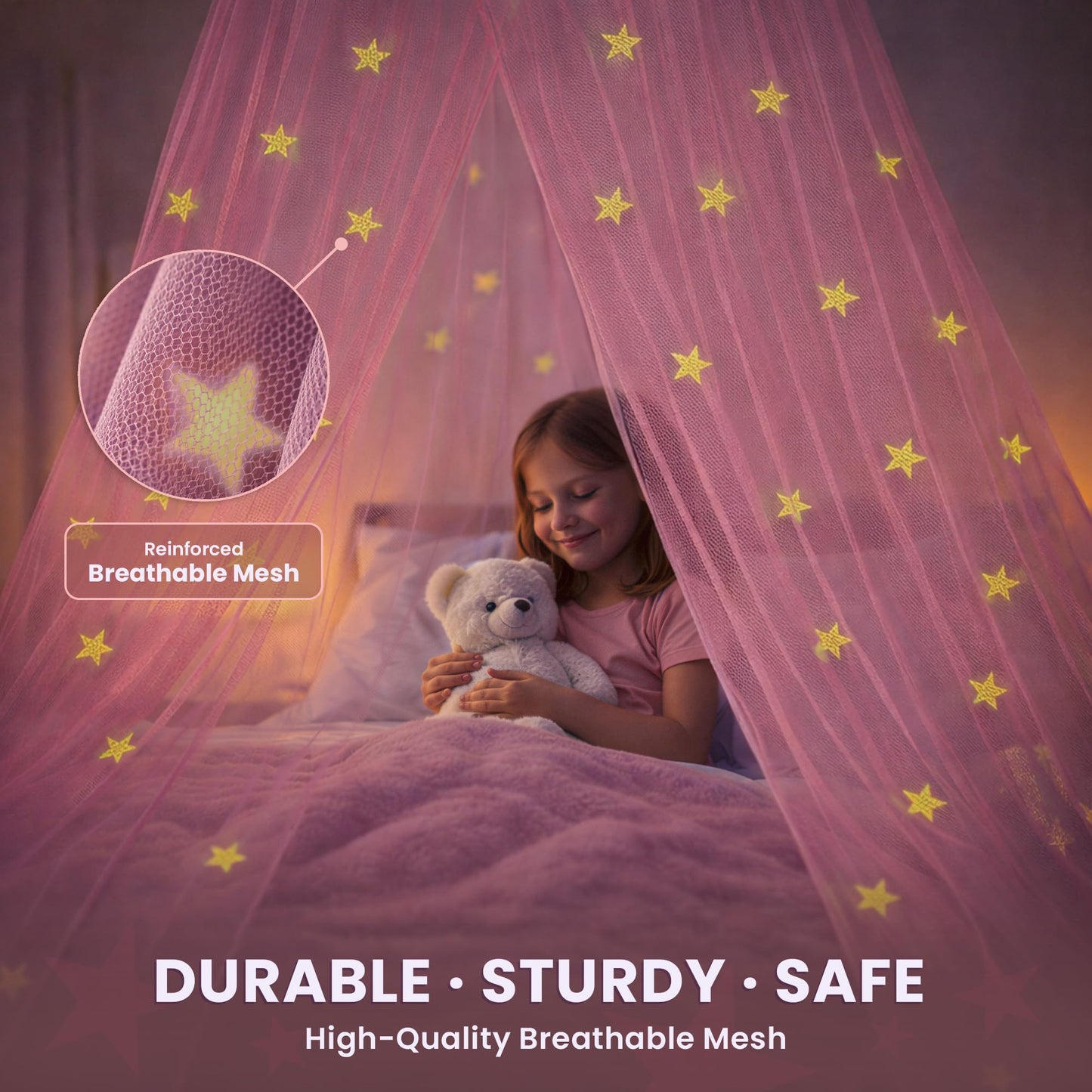 Pink Bed Canopy for Girls with Glowing Stars - Premium Canopy Bed Curtains | Fits Single, Twin, Full, Queen Size Kids Bed, Princess Netting Room Decor, Ceiling Tent to Cover Toddler, Canopy for Bed