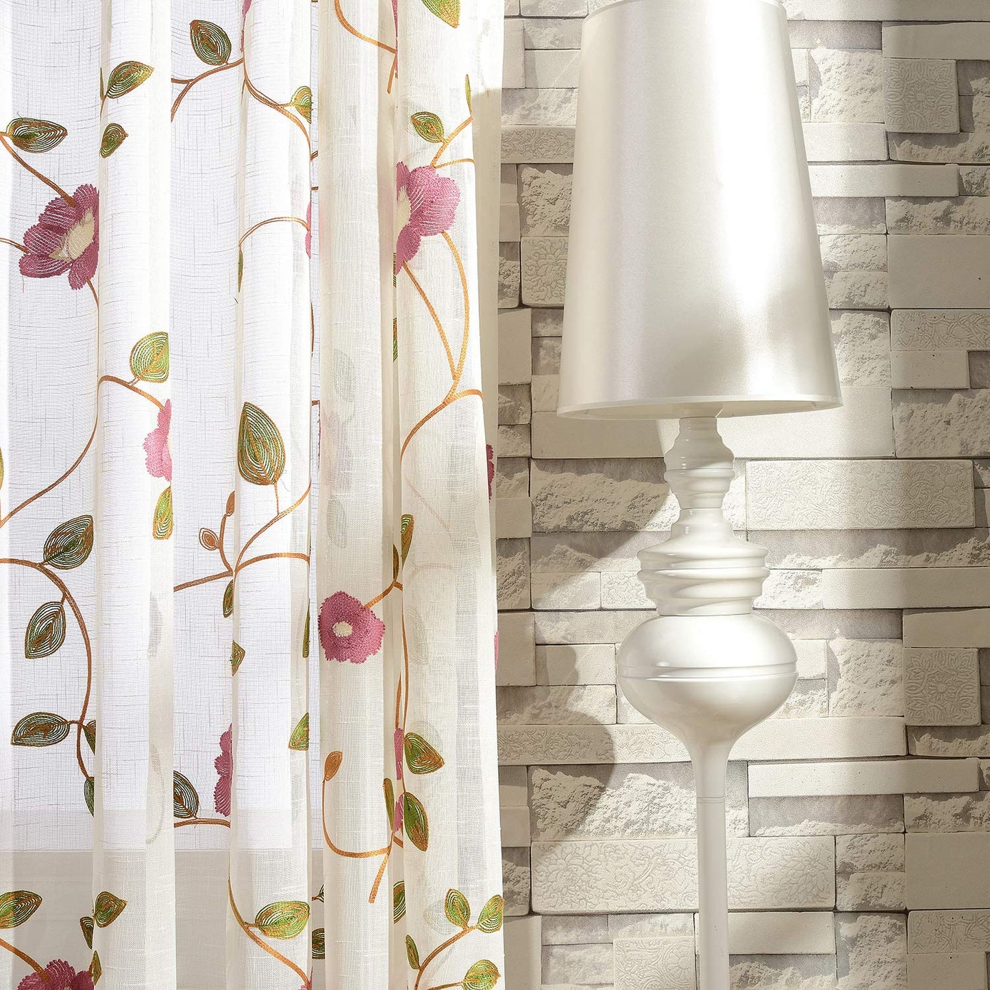 VOGOL Sheer Curtains 84 Inches Long, Red Floral Embroidered White Sheer Window Curtains for Living Room/Ding Room, Rod Pocket, W52 X L84, 2 Panels