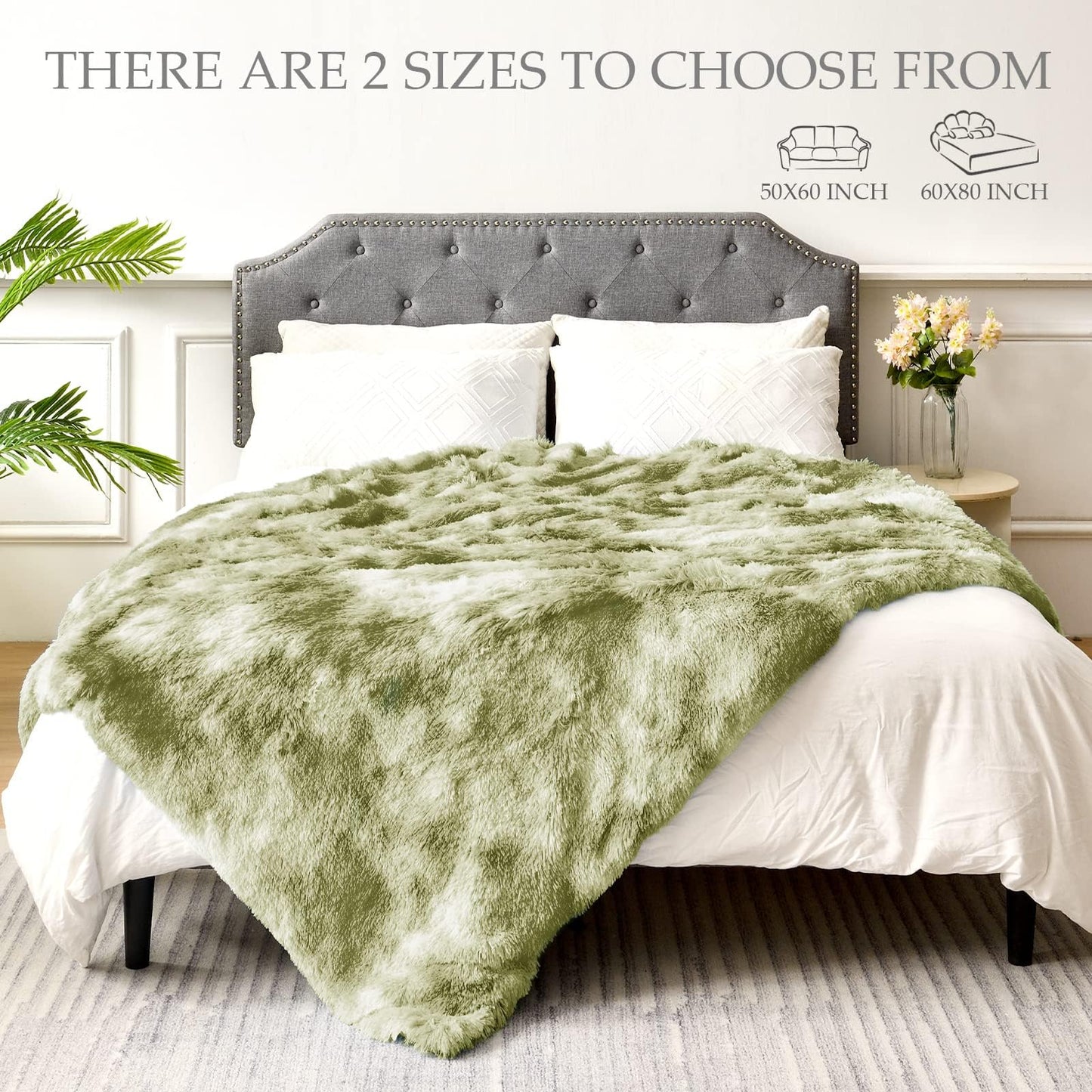 Exclusivo Mezcla Fuzzy Faux Fur Throw Blanket, Reversible Shaggy Sherpa Fleece Tie Dyed Blankets, Fluffy Plush Warm Throws for Couch, Bed, 50x60 Inches, Olive Green