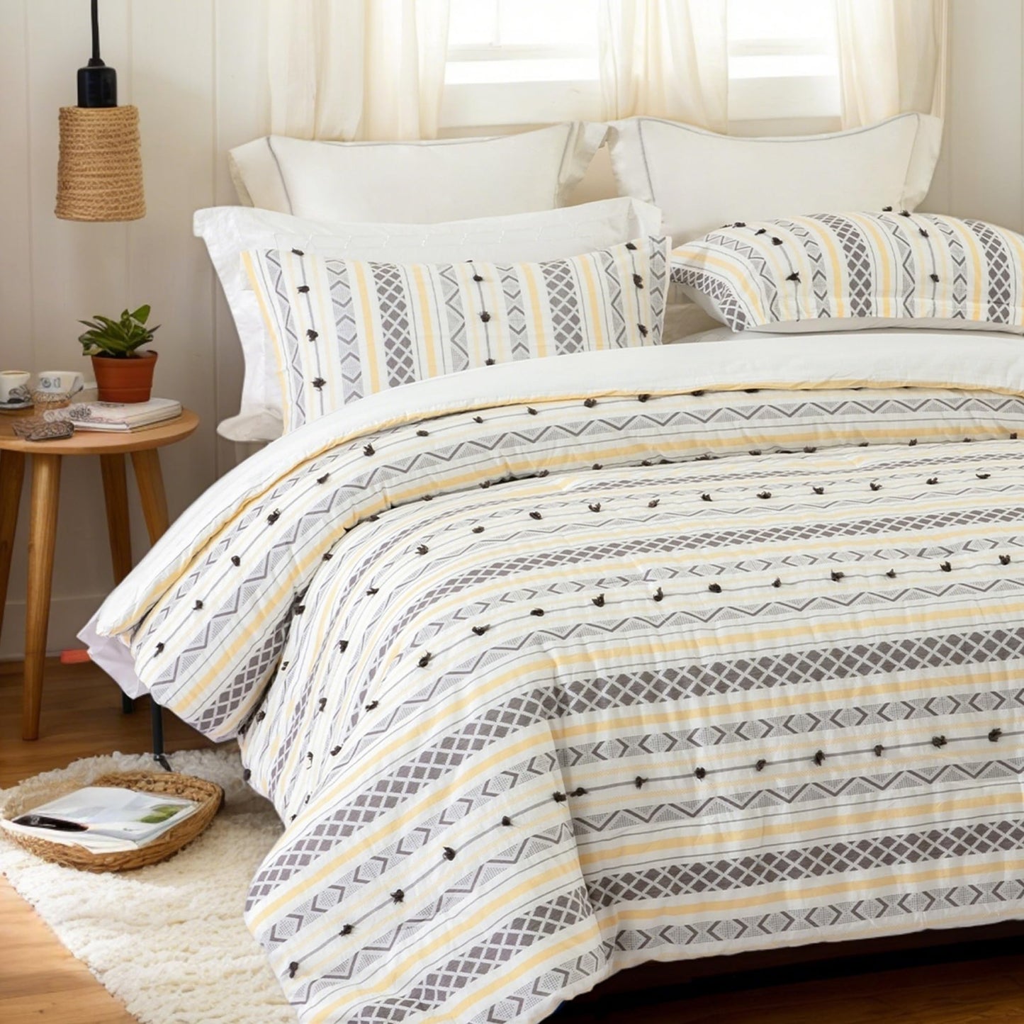 SLEEPBELLA Washed Double Layer Muslin 100% Cotton Comforter Set Queen Size, Yellow Grey Boho Fluffy Thick Checked Bedding Set, Soft Breathable(1 Comforter, 2 Pillow Shams)