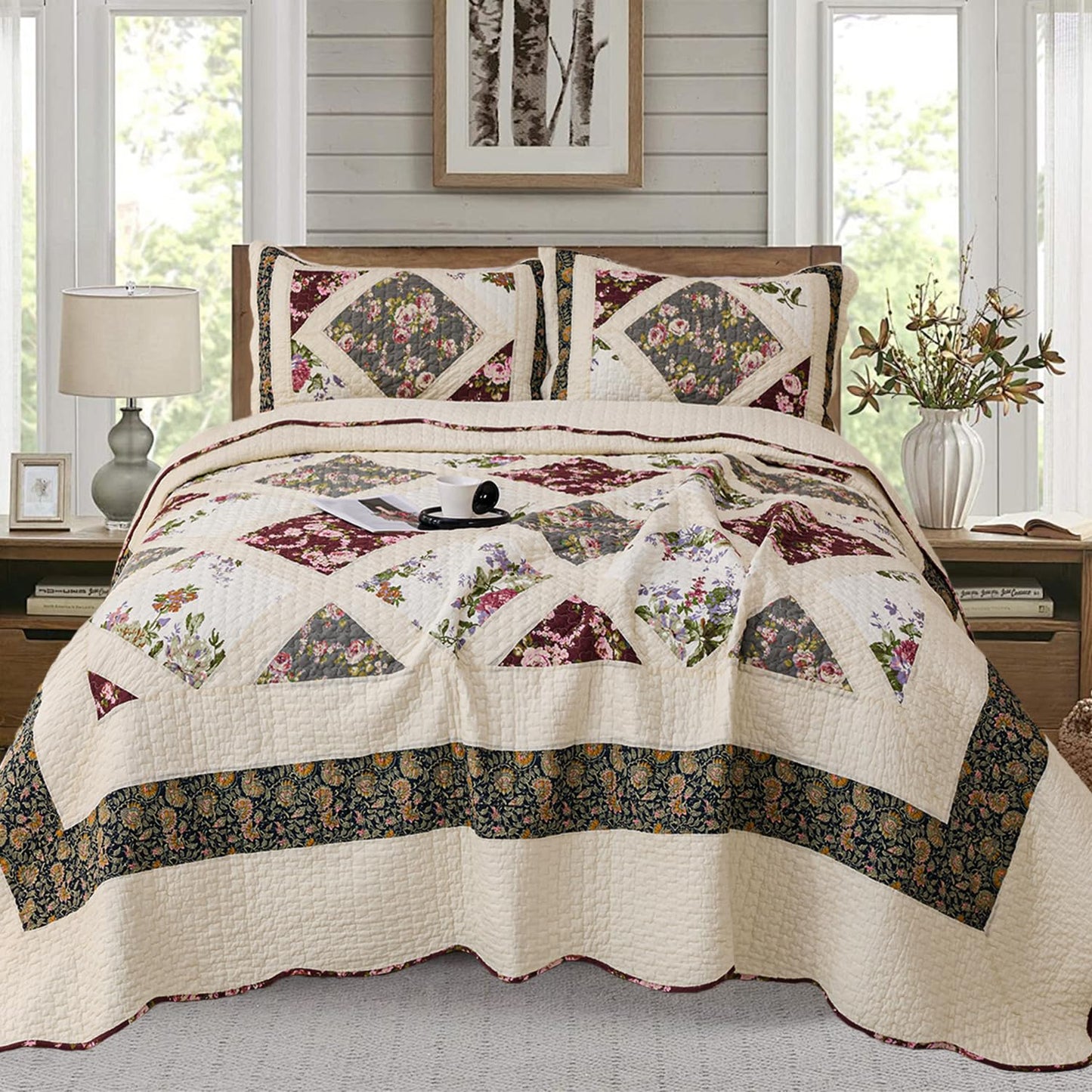 Cmfshape Floral Quilt Sets Bedspread Set 100% Cotton Patchwork Bedding Set,All Season Use Lightweight Reversible Coverlet Quilts with 2 Pillow Shams(Queen 92"x96")