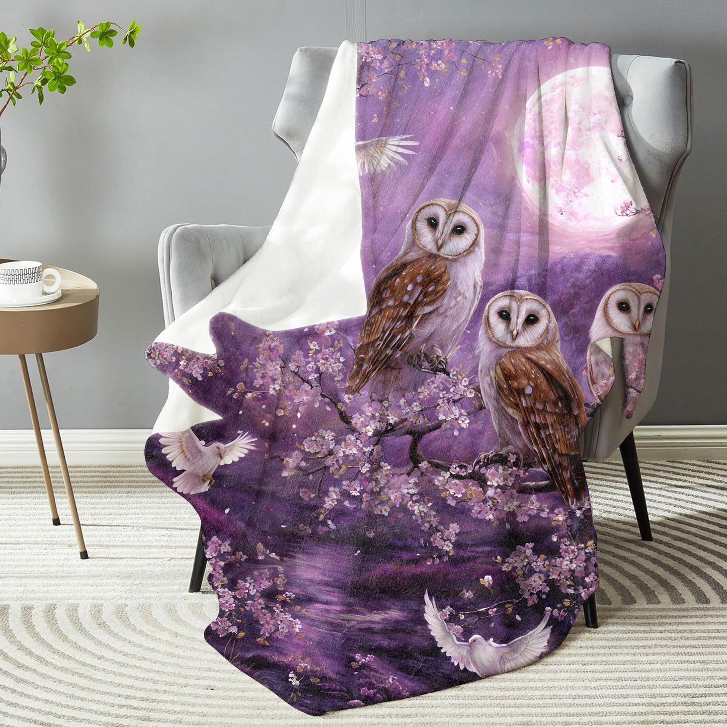 Enchanted Moonlit Owls Blanket, Plush Soft Lightweight Warm Cozy Flannel 60×50 inch Throw Blanket with Night Forest Bird Pattern for Couch, Travel, Bed, Outdoor, Gifts for Kids Adults Women Girls