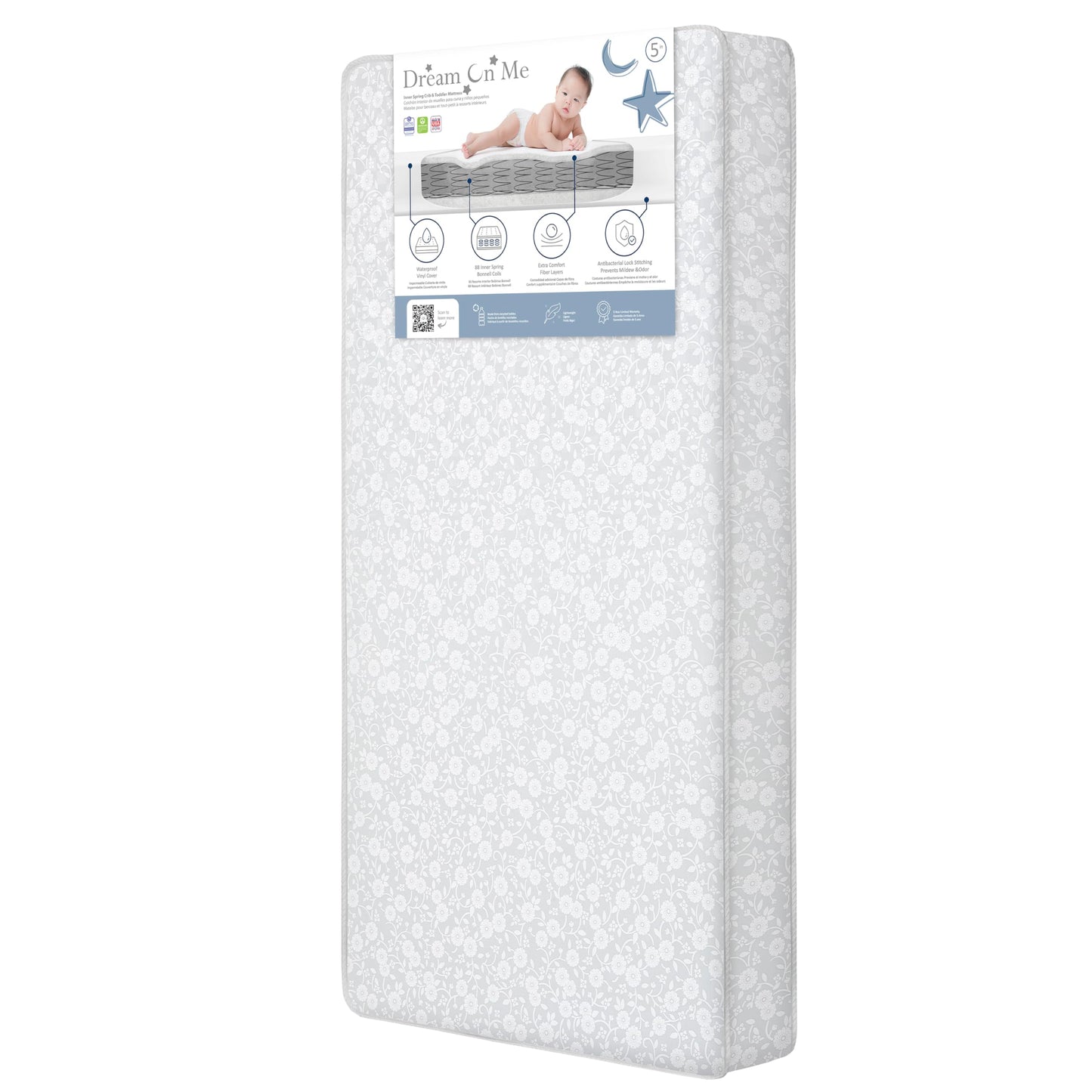 Dream On Me Nap Nest Crib and Toddler Mattress, Dual-Sided - Infants & Toddlers, Waterproof 5” Mattress with 88 Interwoven Coils, 75% Recycled Fiber, GREENGUARD Gold & BSA Certified – Daisy Dreams