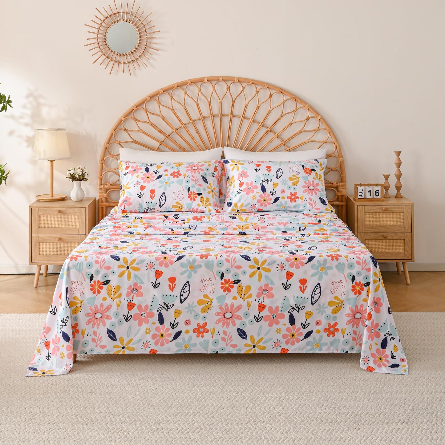 Yibeizi Floral Sheet Set for Girls Twin, Kids Cute Print Bedsheets Microfiber Deep Pocket Flower Patterned Bed Sheet & Pillowcase Sets 3 Pieces