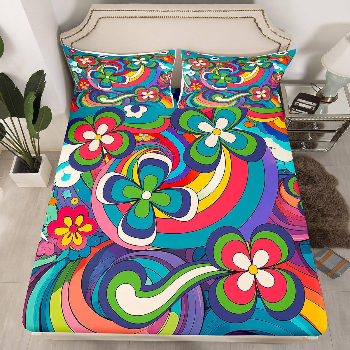 Hippie Boho Floral Bedding Set Colorful Groovy Flower Power Bed Sheets Full Psychedelic Spring Garden Botanical Sheet Set For Girls Teen Women 60S 70S Bohemian Fitted Sheet + Flat Sheet 4 Pcs