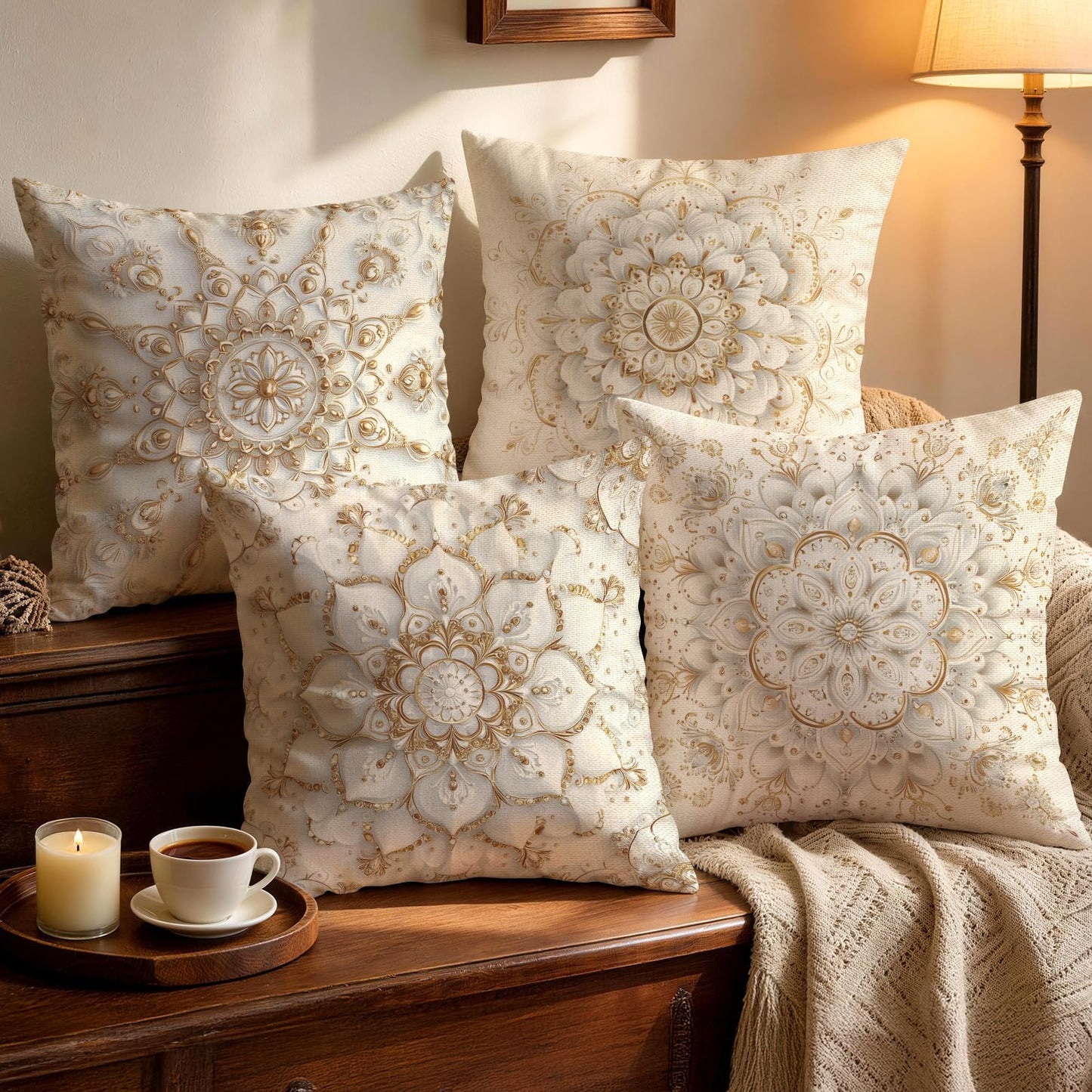 OBSEDE Golden Mandala Decorative Throw Pillow Covers 18x18 Inches Set of 4, Faux Linen Printed Cushion Covers for Couch Sofa Living Room Bedroom Home Decor