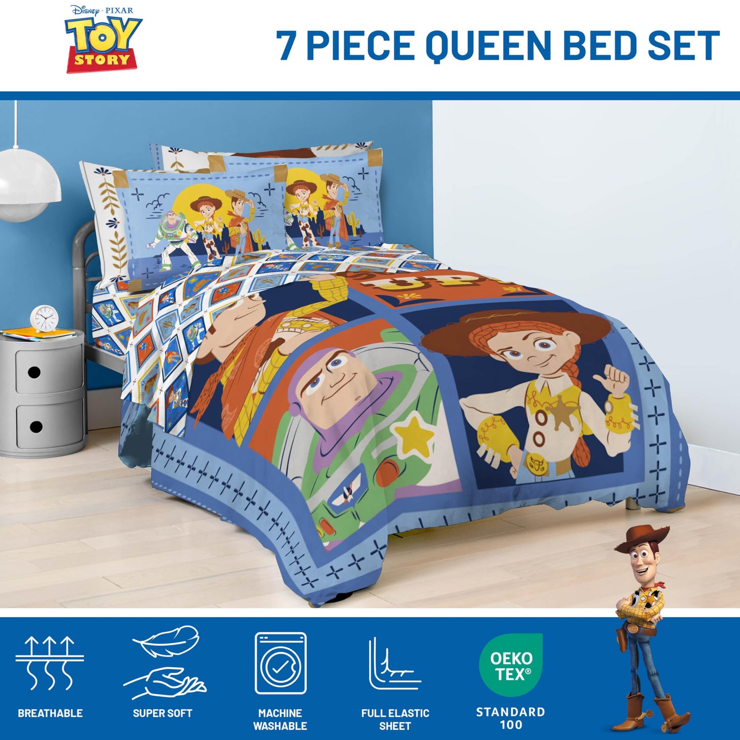 Jay Franco Kids Bed Set, Blue, Toy Story, 7 Piece Queen