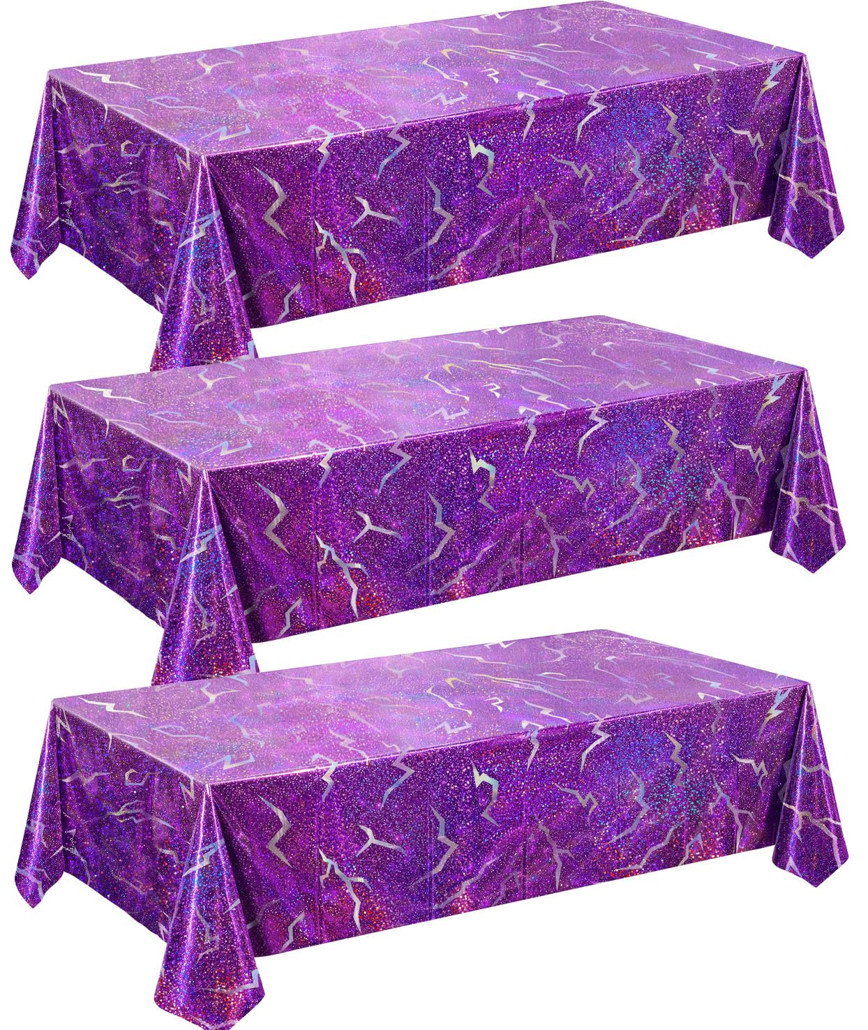 LHFYACI K-Style Birthday Decorations, 3 Pack Holographic Laser Purple Tablecloths, Shiny Lightning Disposable Table Covers for Birthday, Bridal Shower, Bachelorette, Disco Party, 54x108 Inch