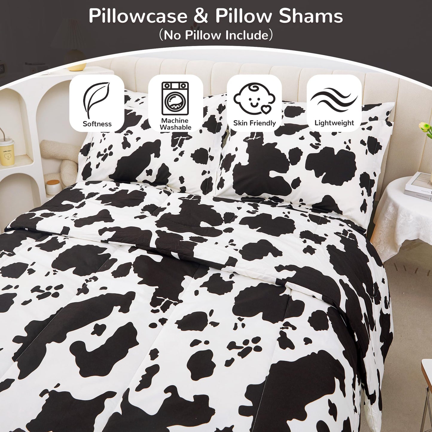 Viviland Kids Full Bedding Sets for Girls, Boys Soft Full Comforter Set with Sheets, 7 Pieces Microfiber Bed in a Bag, Cow Animal