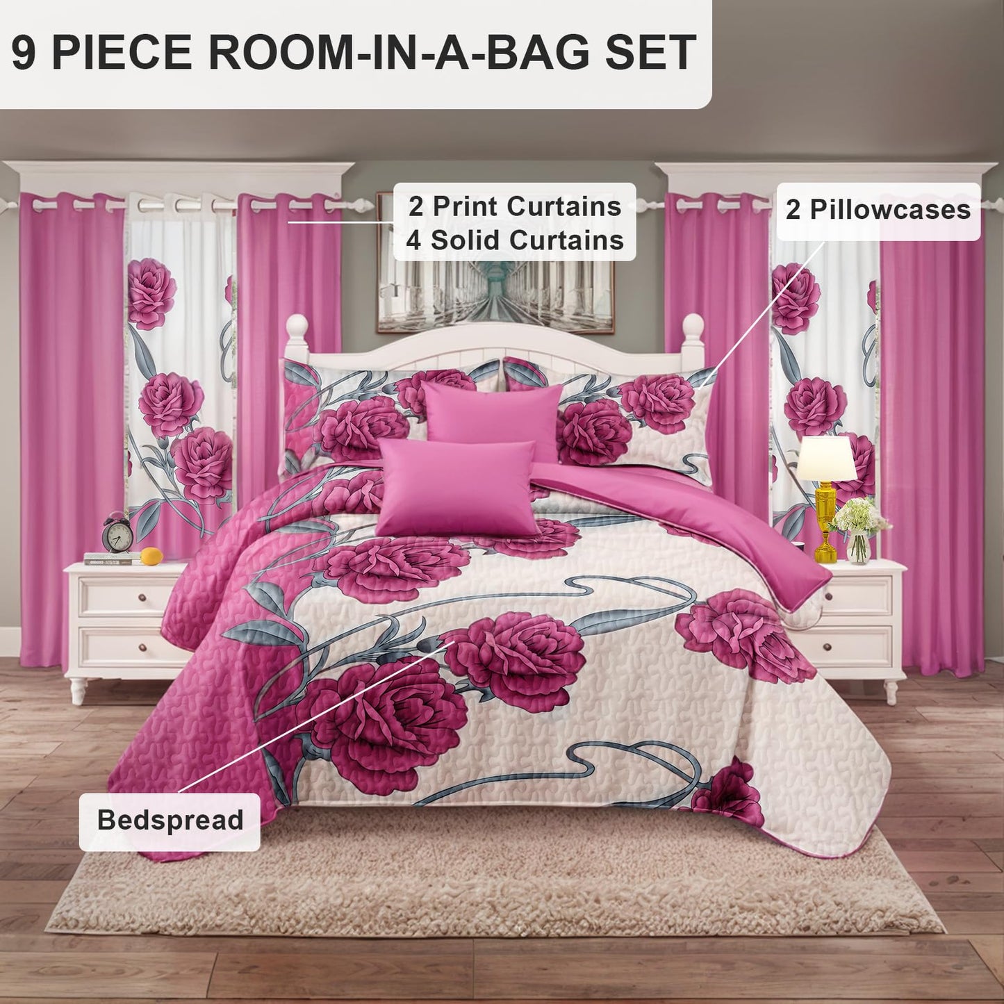 Elegant pink Rose Queen Light Comforter Set, Luxury 9-Piece Bed in a Bag Cal Queen Bedspread with Matching Curtains, Ultra Soft & Breathable Botanical Bedding, All-Season Decor for Master Suite