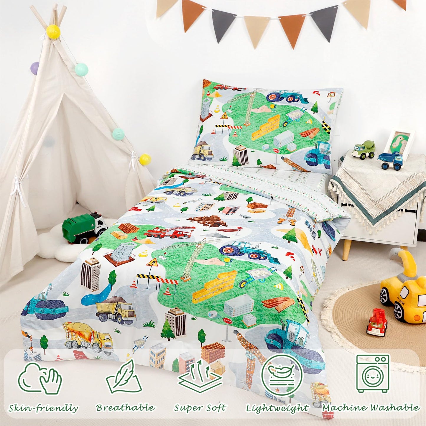 DAYEEBALL 4 Piece Toddler Bedding Set, Ultra Soft and Breathable Toddler Comforter Sets for Boys Includes Quilted Comforter, Fitted Sheet, Flat Sheet and Pillowcase, Vehicles