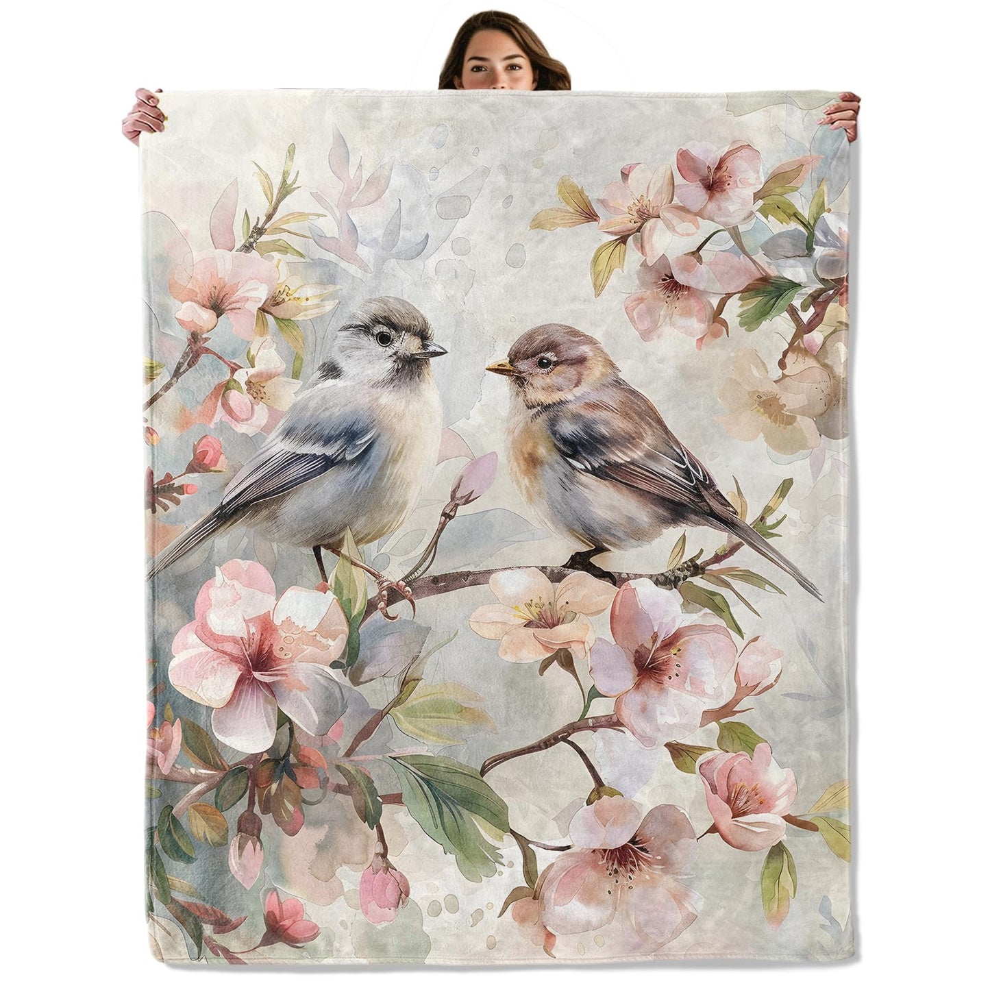 Spring Bluebird Blossom Throw Blanket for Boys Girls Kids Women, Pink Flower Design, Fuzzy Warm Soft Cozy Flannel Blankets Gifts for Bedroom, Couch, Travel, Home Decor 50x60 in