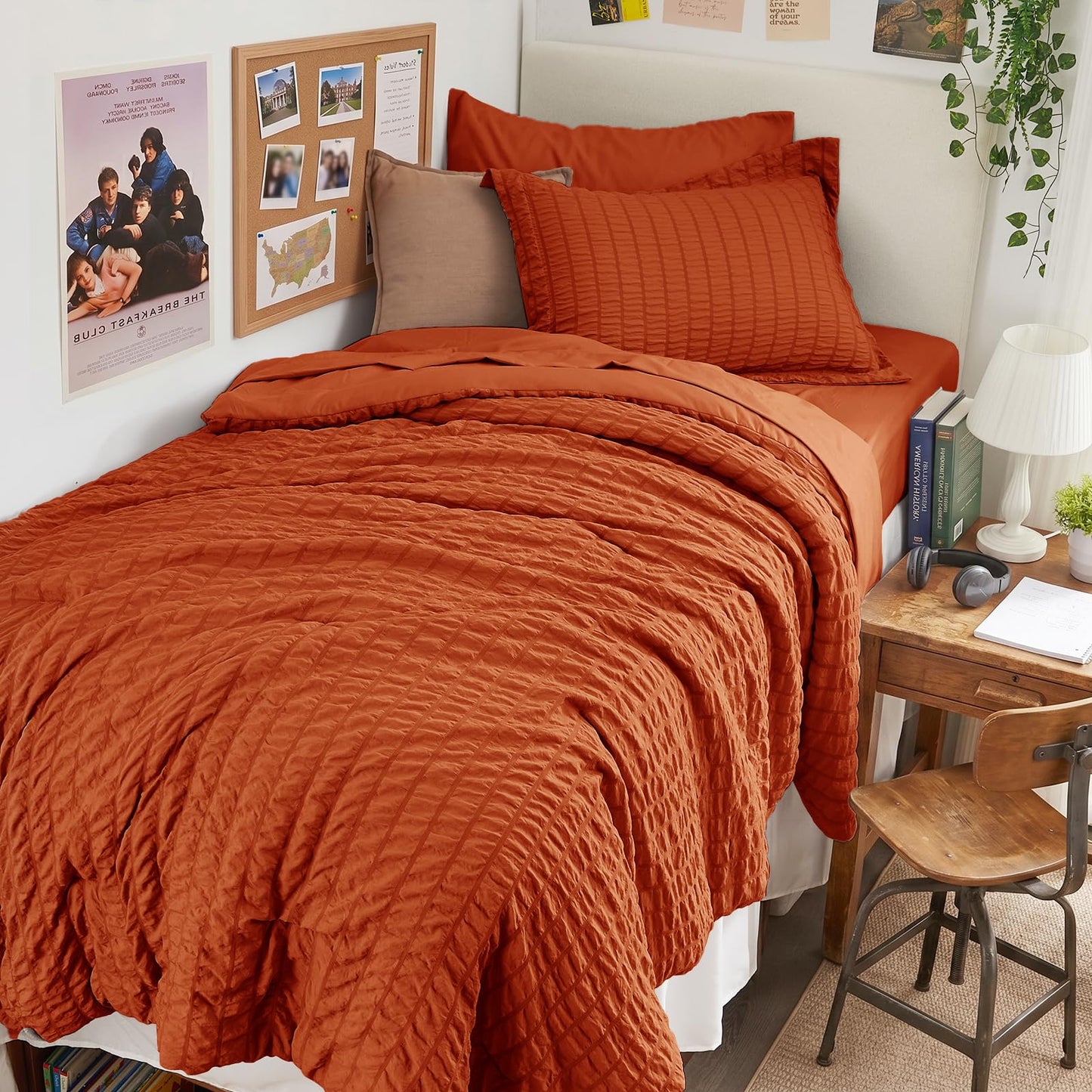 HYMOKEGE Burnt Orange Twin Comforter Set Seersucker 5 Pieces, All Season Luxury Bed in a Bag for Bedroom, Bedding Set with Comforters, Sheets, Pillowcase & Sham