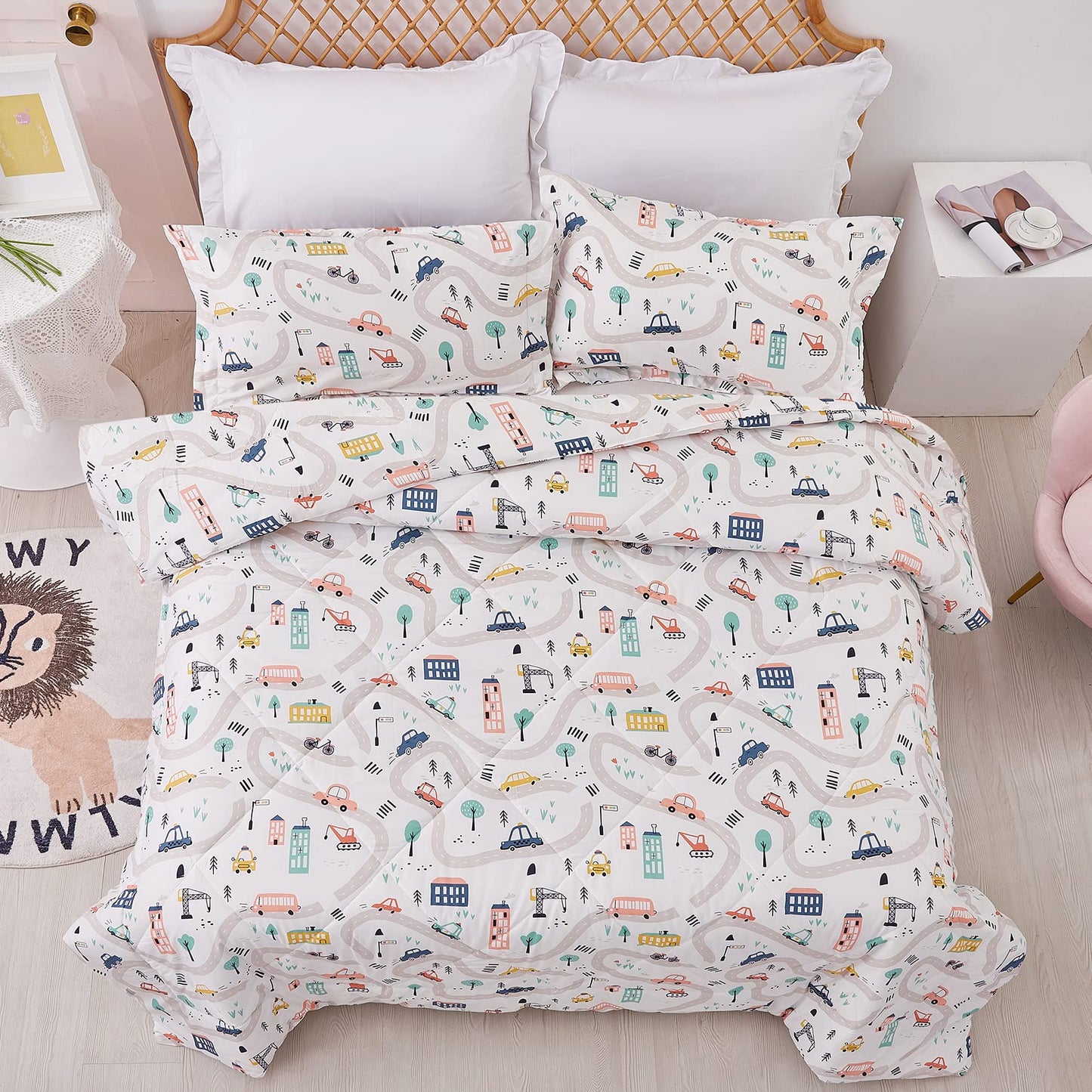 JSD Car Kids Comforter Set Queen Size, 3 Piece Microfiber Comforter with Pillow Sham, Machine Washable