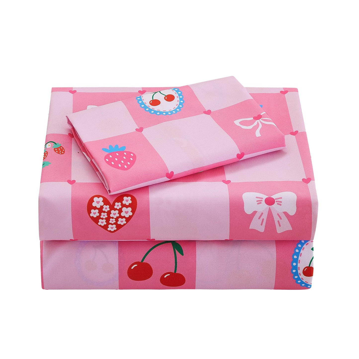 Softan Kids Bed Sheet Set, 3-Piece Twin Sheets Set, Microfiber Fitted Sheet with Corner Straps, Breathable & Silky Soft Pink Fruit Checkered Pattern Sheet and Pillowcase Sets