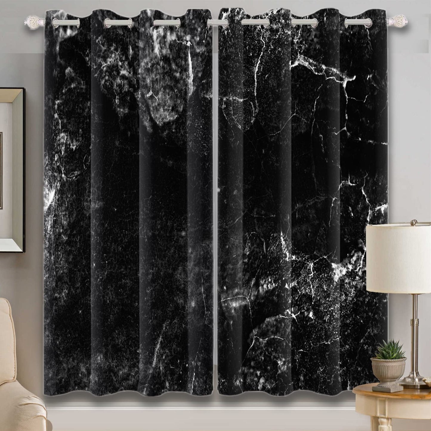 Renaiss Black Marble Blackout Curtains, Black and White Marble Texture Print Bedroom Window Curtains Luxury Modern Art Thermal Insulated Window Drapes for Living Room 53W x 84L Set of 2 Panels